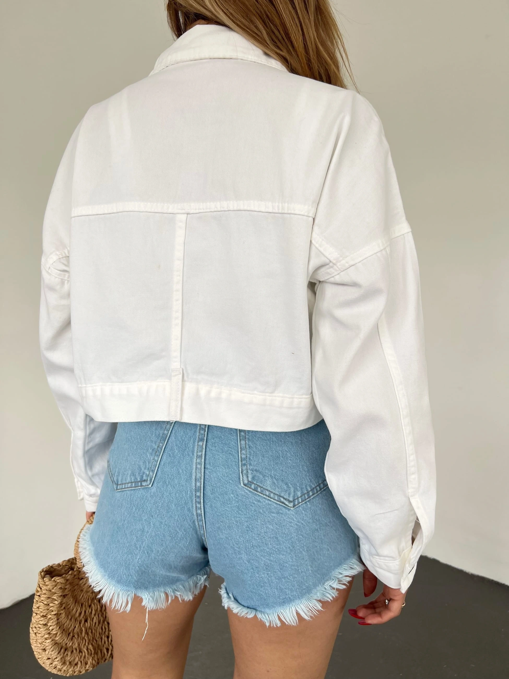 Pullaps Fermuarlı Çift Cepli Kot Mont Beyaz