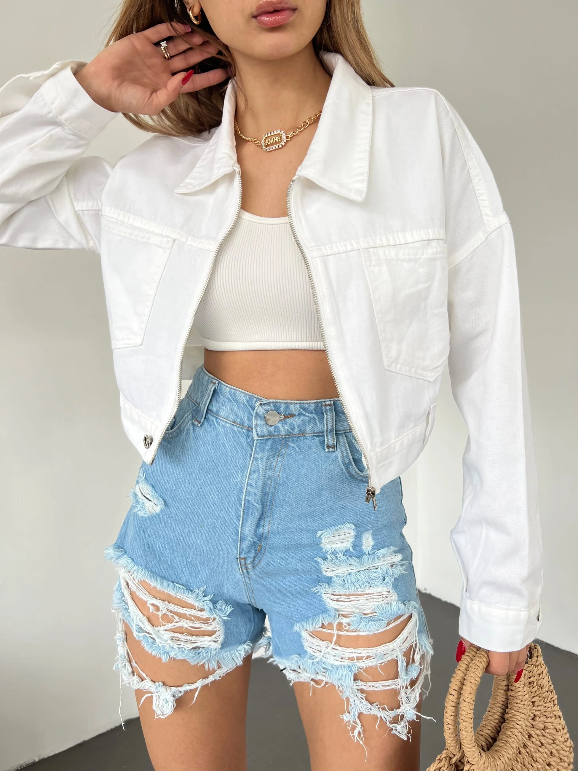 Pullaps Fermuarlı Çift Cepli Kot Mont Beyaz