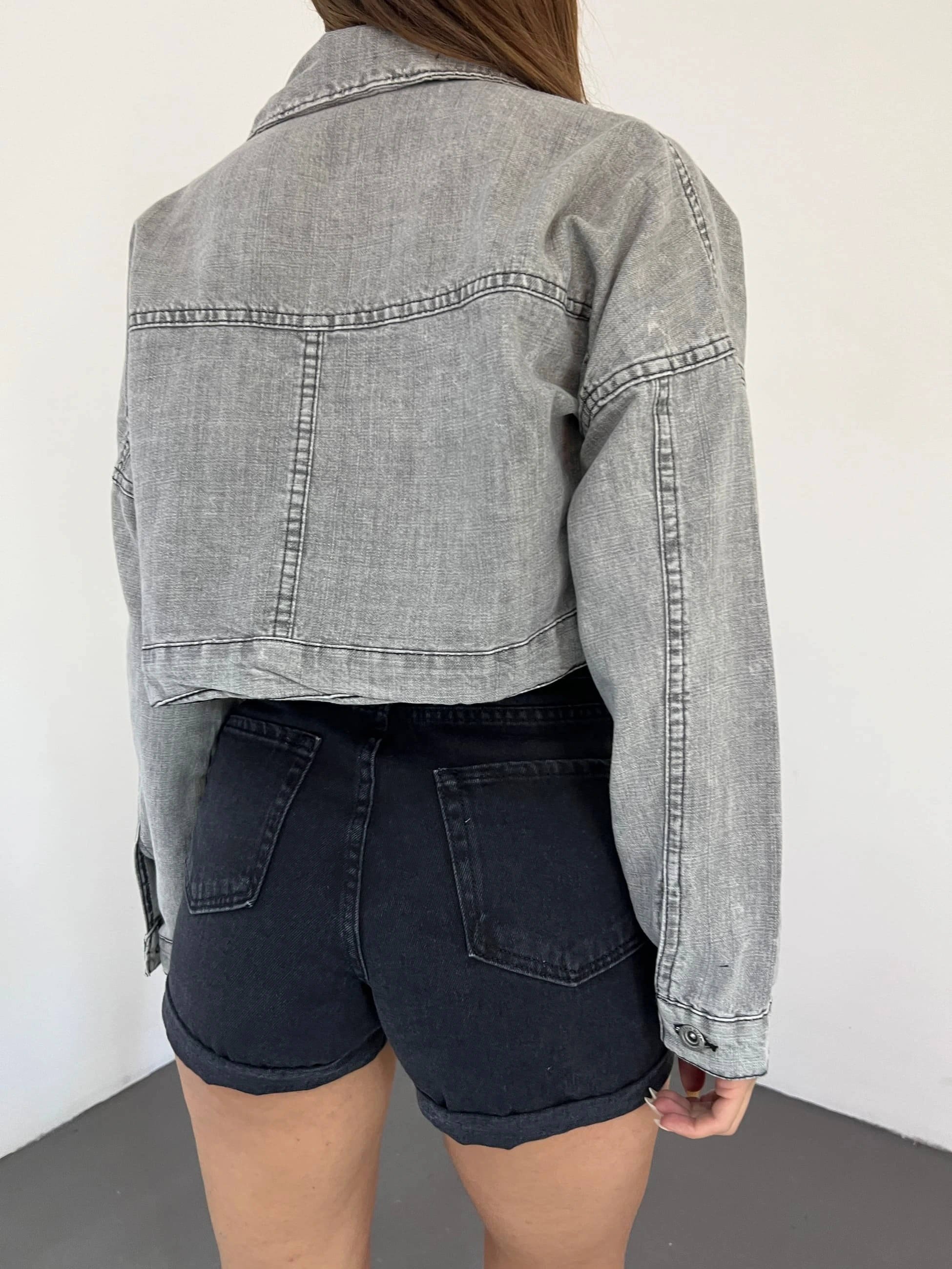 Pullaps Fermuarlı Çift Cepli Kot Mont Gri