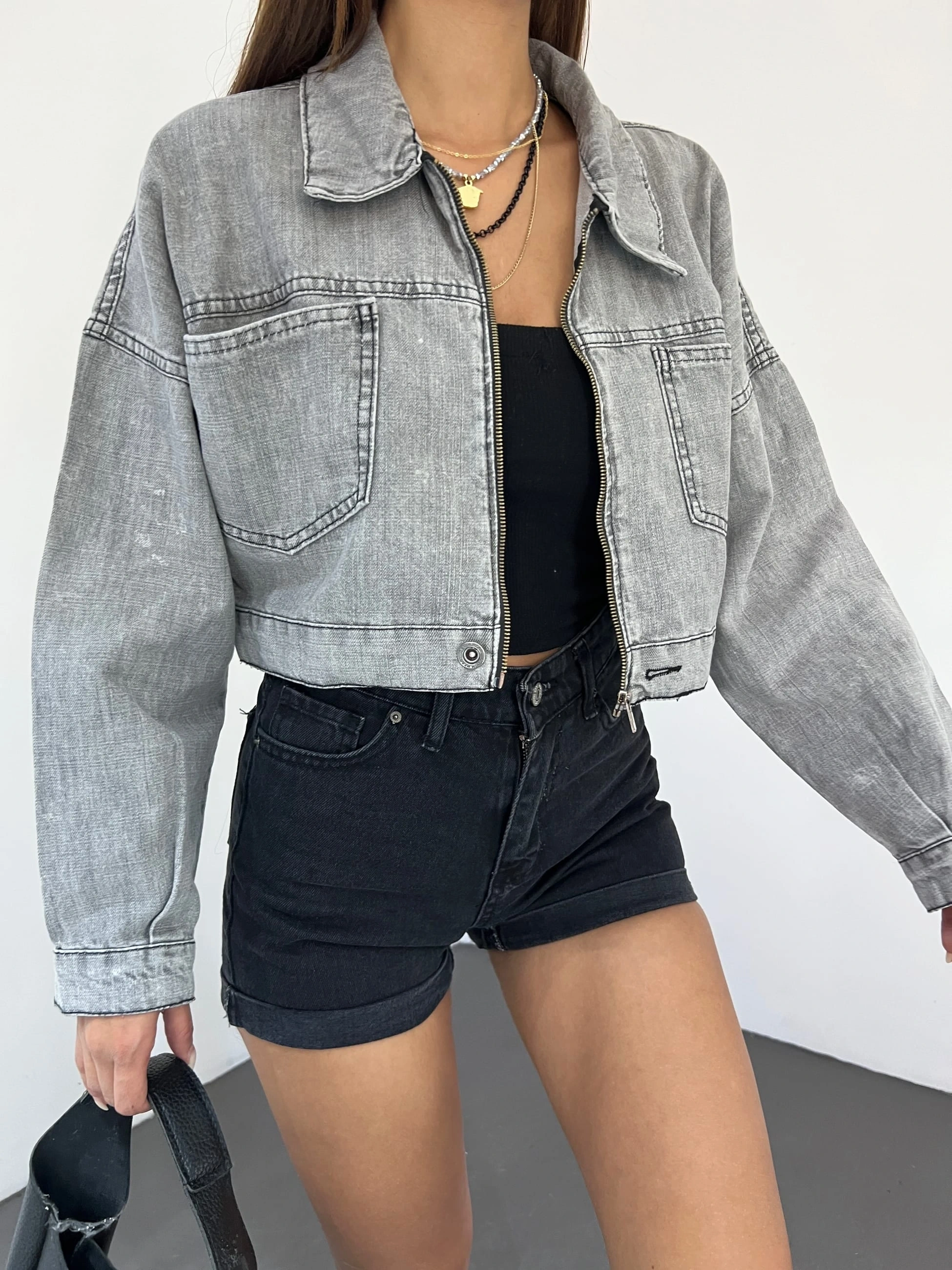 Pullaps Fermuarlı Çift Cepli Kot Mont Gri