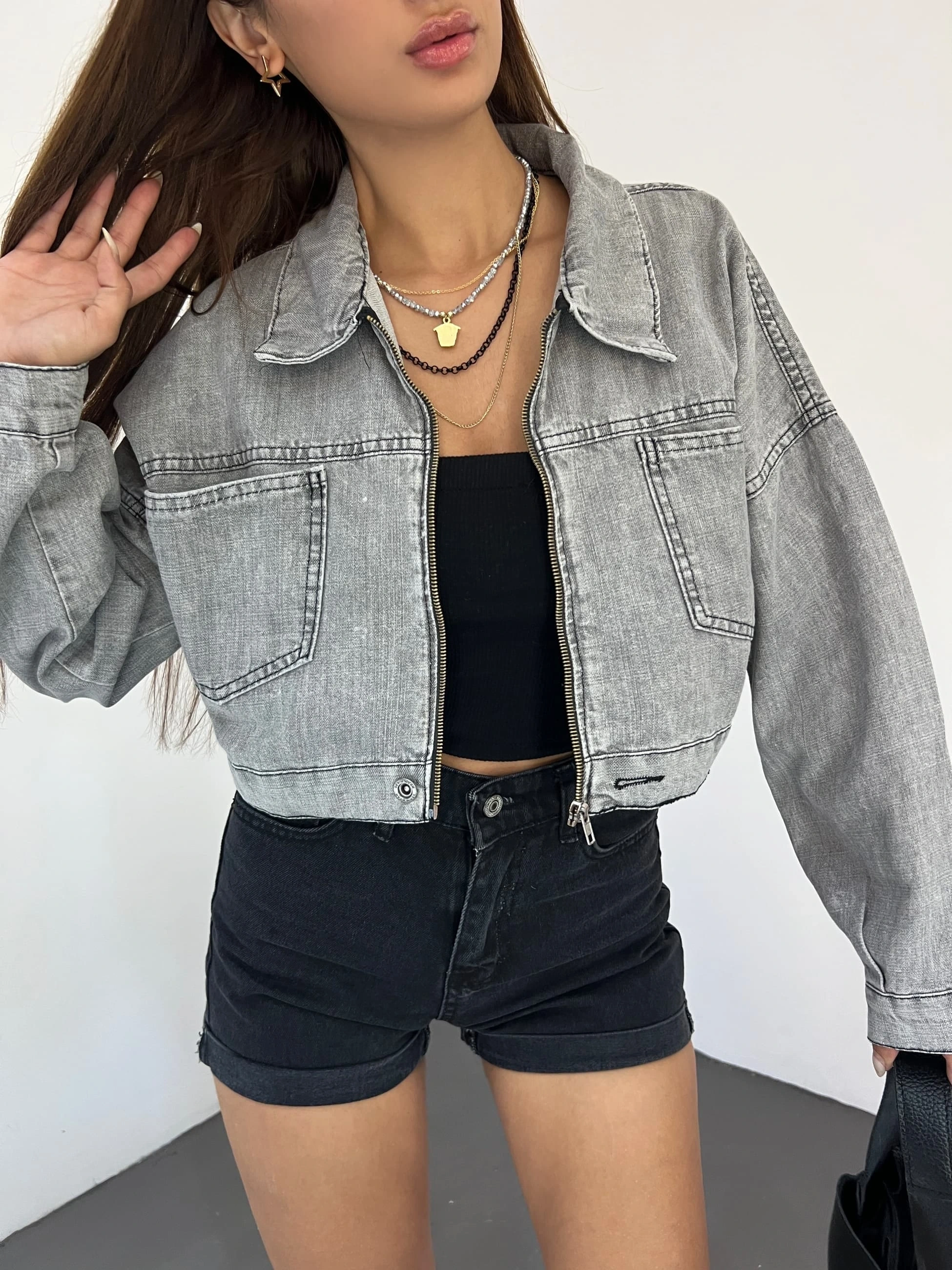 Pullaps Fermuarlı Çift Cepli Kot Mont Gri