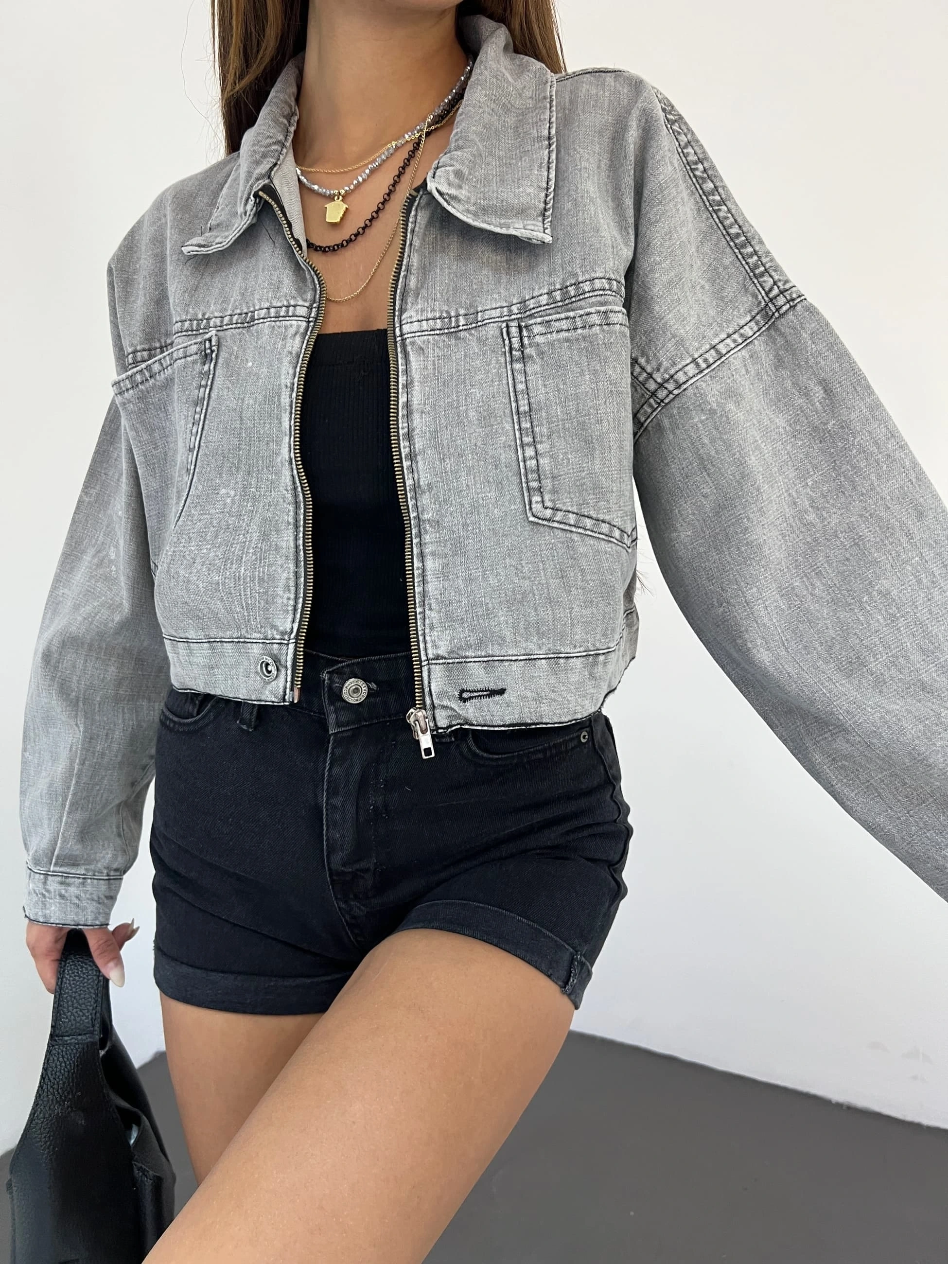 Pullaps Fermuarlı Çift Cepli Kot Mont Gri