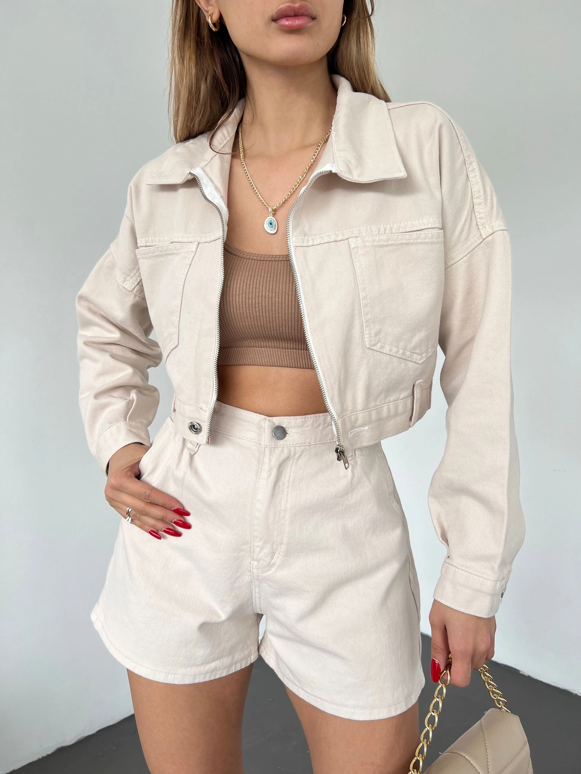 Pullaps Fermuarlı Çift Cepli Kot Mont Krem