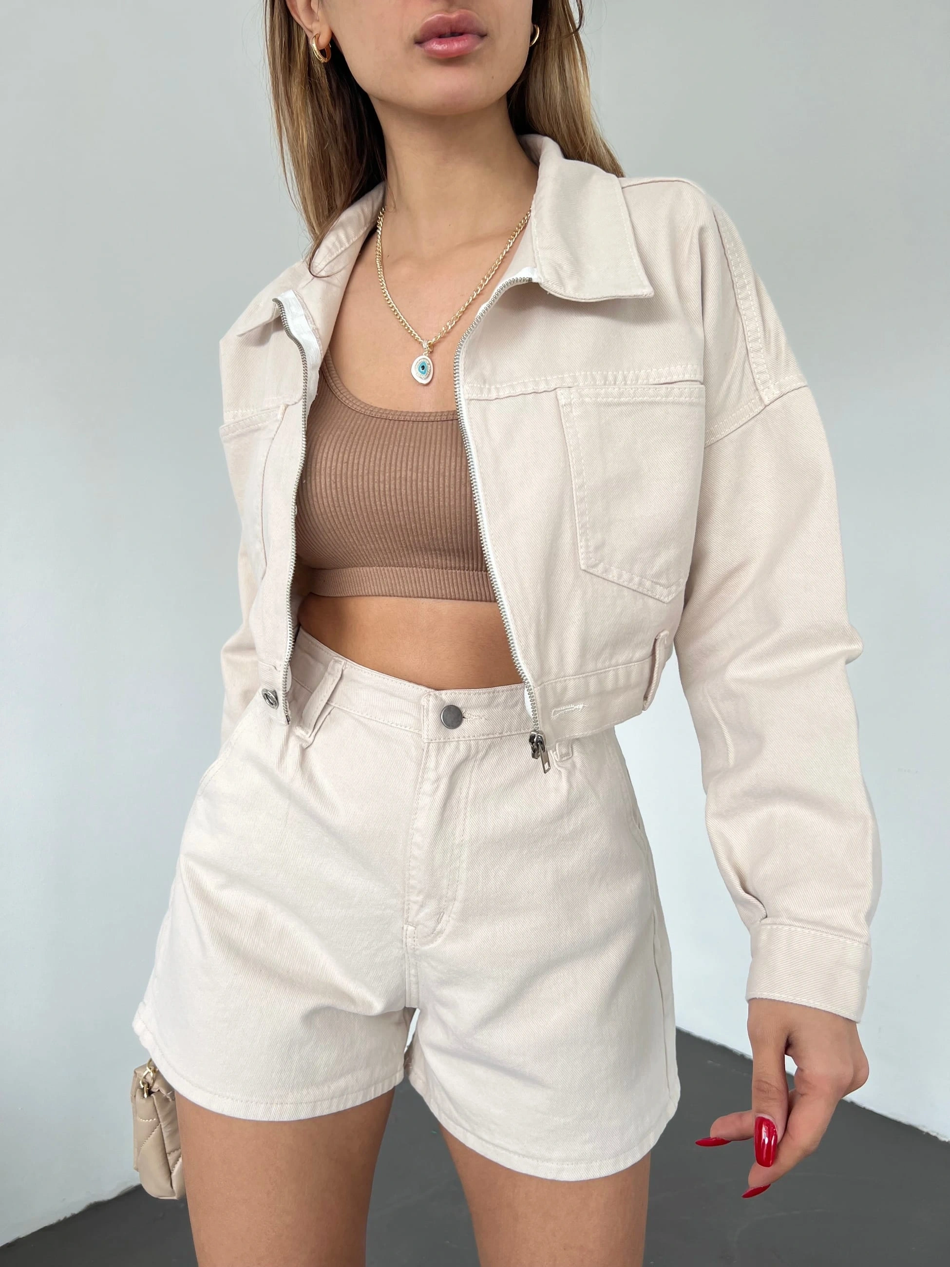 Pullaps Fermuarlı Çift Cepli Kot Mont Krem