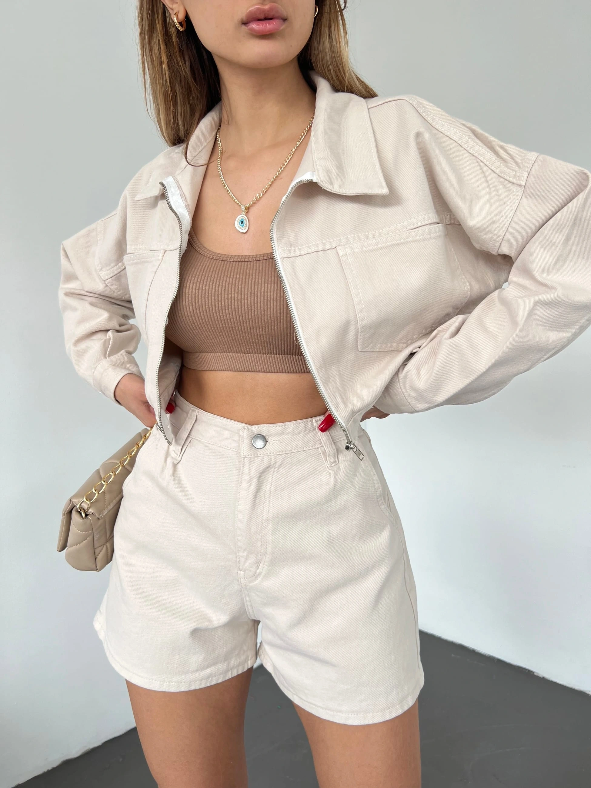 Pullaps Fermuarlı Çift Cepli Kot Mont Krem