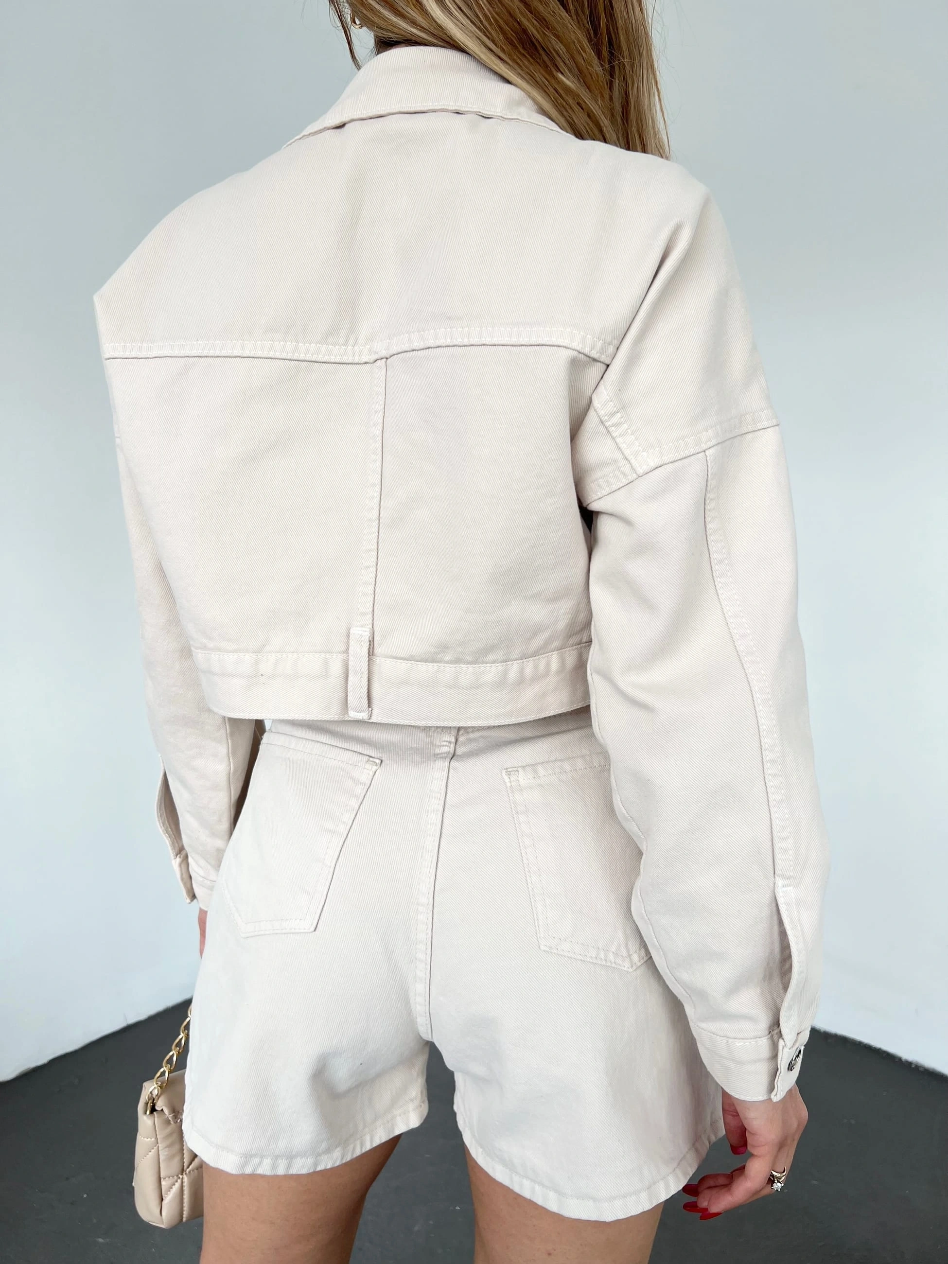 Pullaps Fermuarlı Çift Cepli Kot Mont Krem