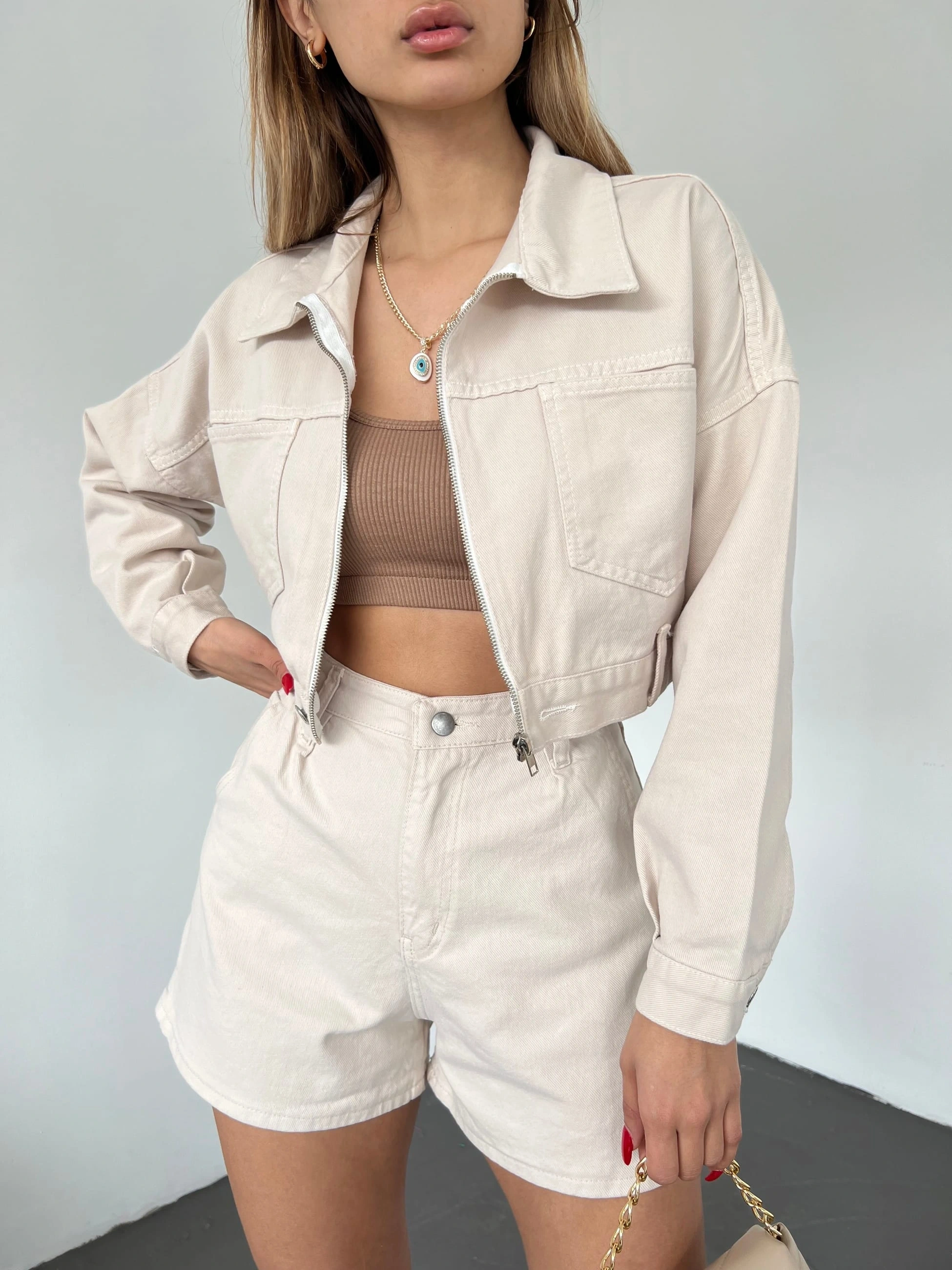 Pullaps Fermuarlı Çift Cepli Kot Mont Krem