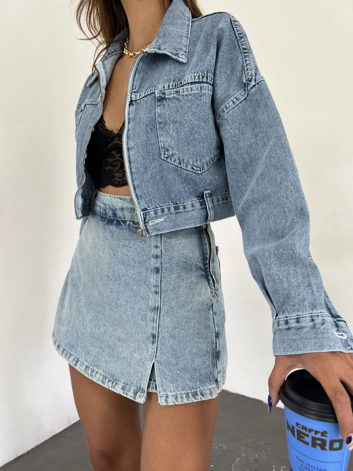 Pullaps Fermuarlı Çift Cepli Kot Mont Mavi