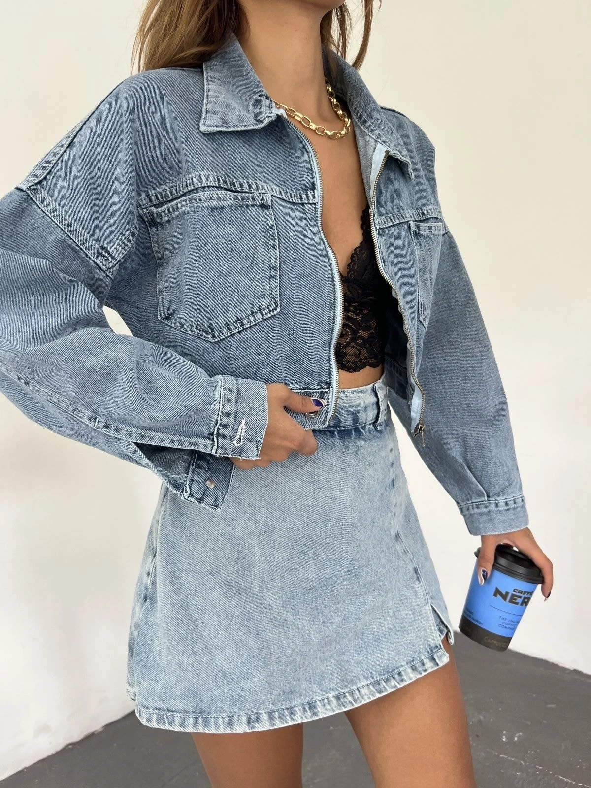 Pullaps Fermuarlı Çift Cepli Kot Mont Mavi