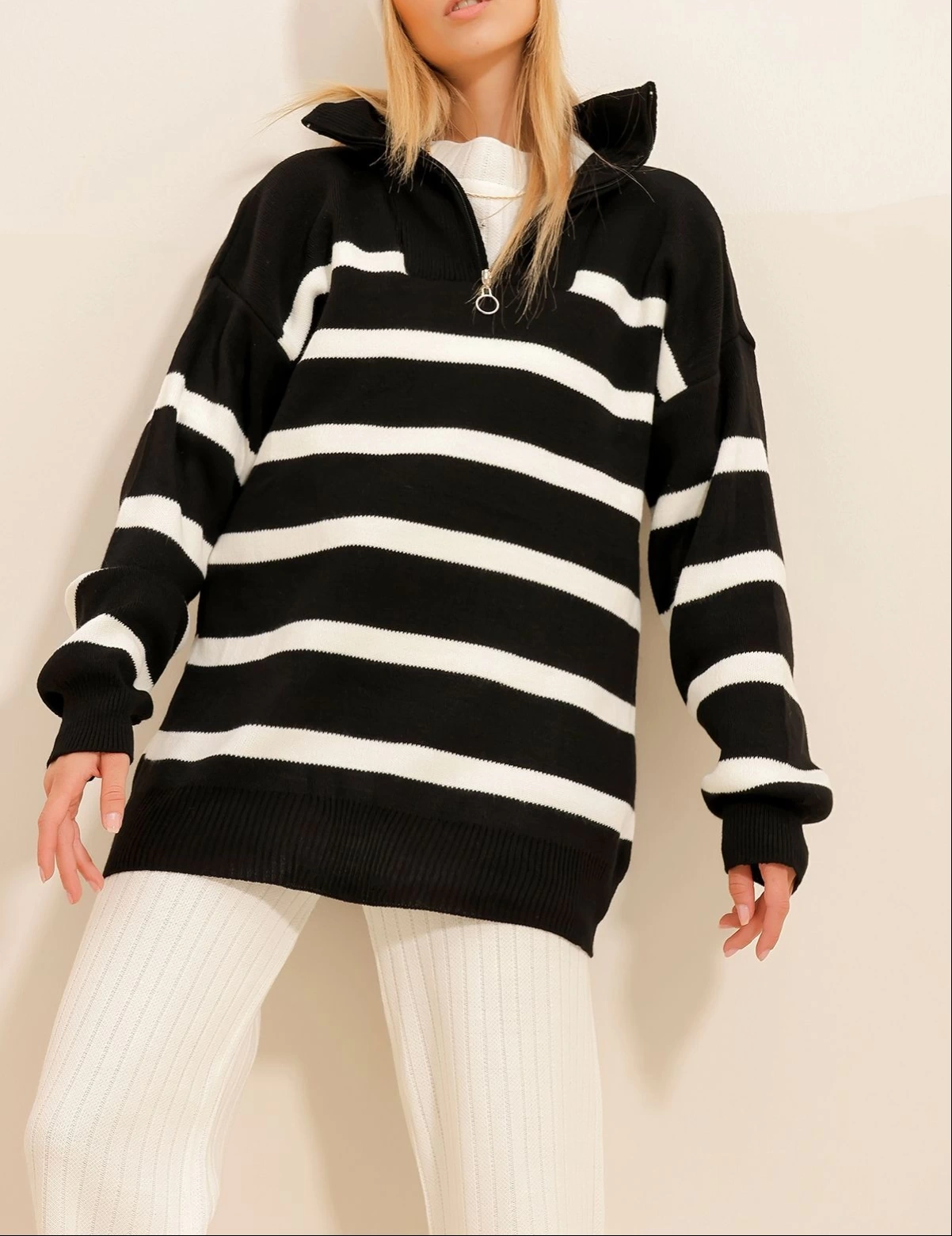 Pullaps Fermuarlı Çizgili Triko Kışlık Kazak Siyah