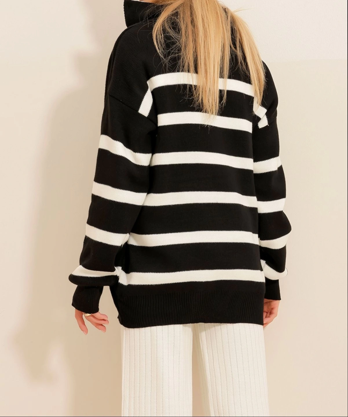 Pullaps Fermuarlı Çizgili Triko Kışlık Kazak Siyah