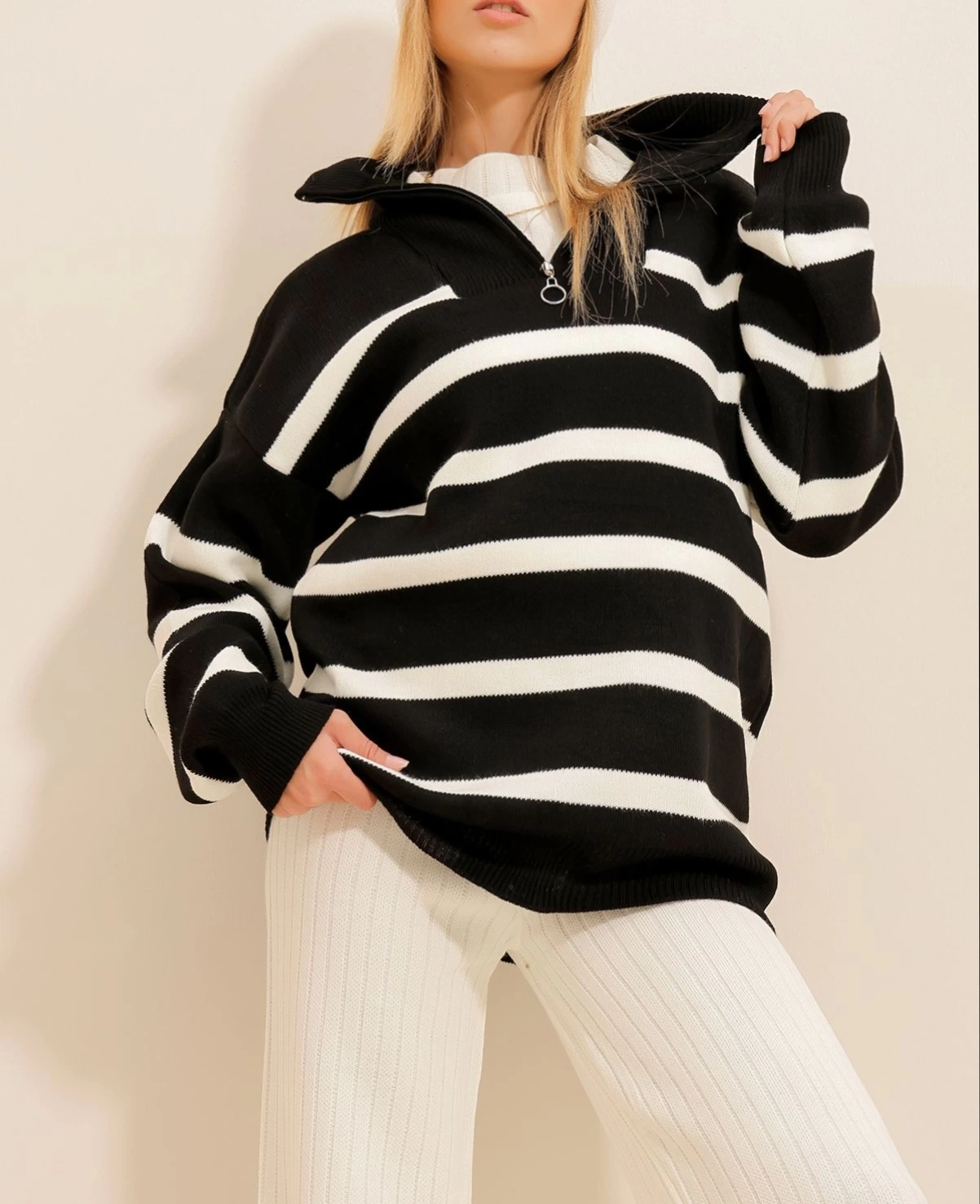 Pullaps Fermuarlı Çizgili Triko Kışlık Kazak Siyah