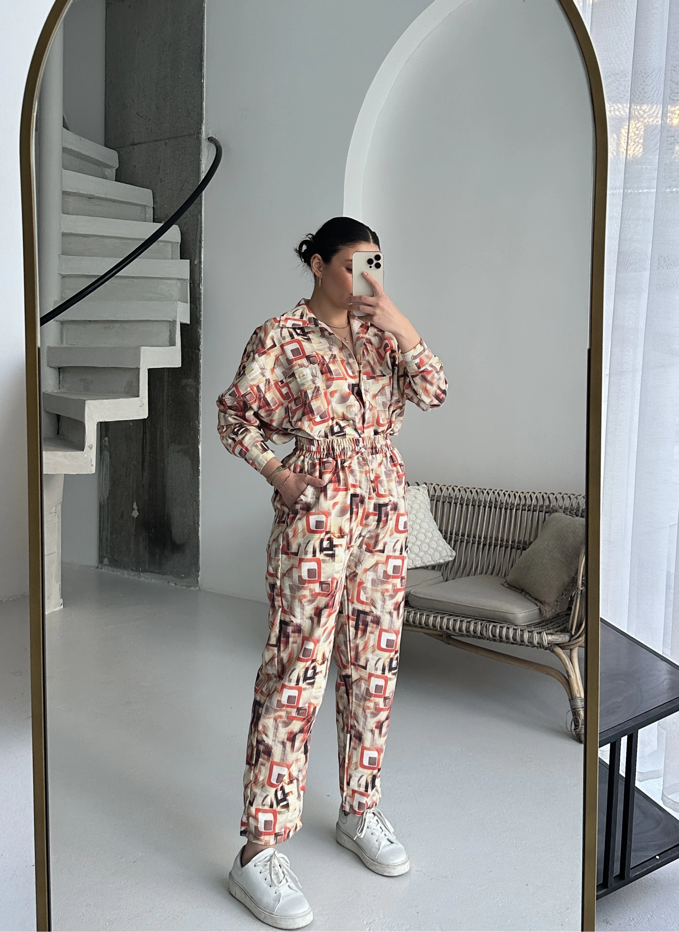 Pullaps Gömlekli Pantolonlu Cepli Ham Keten Takım Desenli Kiremit