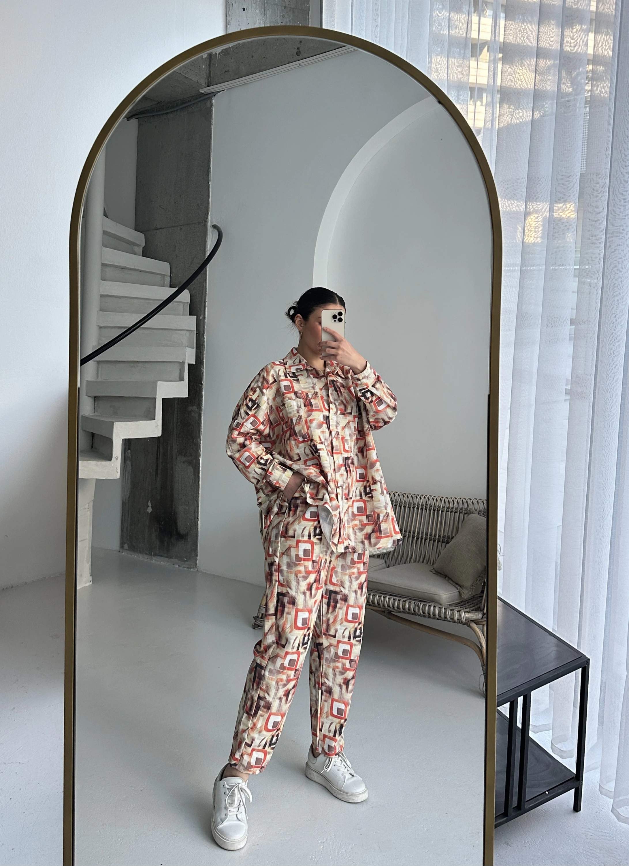 Pullaps Gömlekli Pantolonlu Cepli Ham Keten Takım Desenli Kiremit