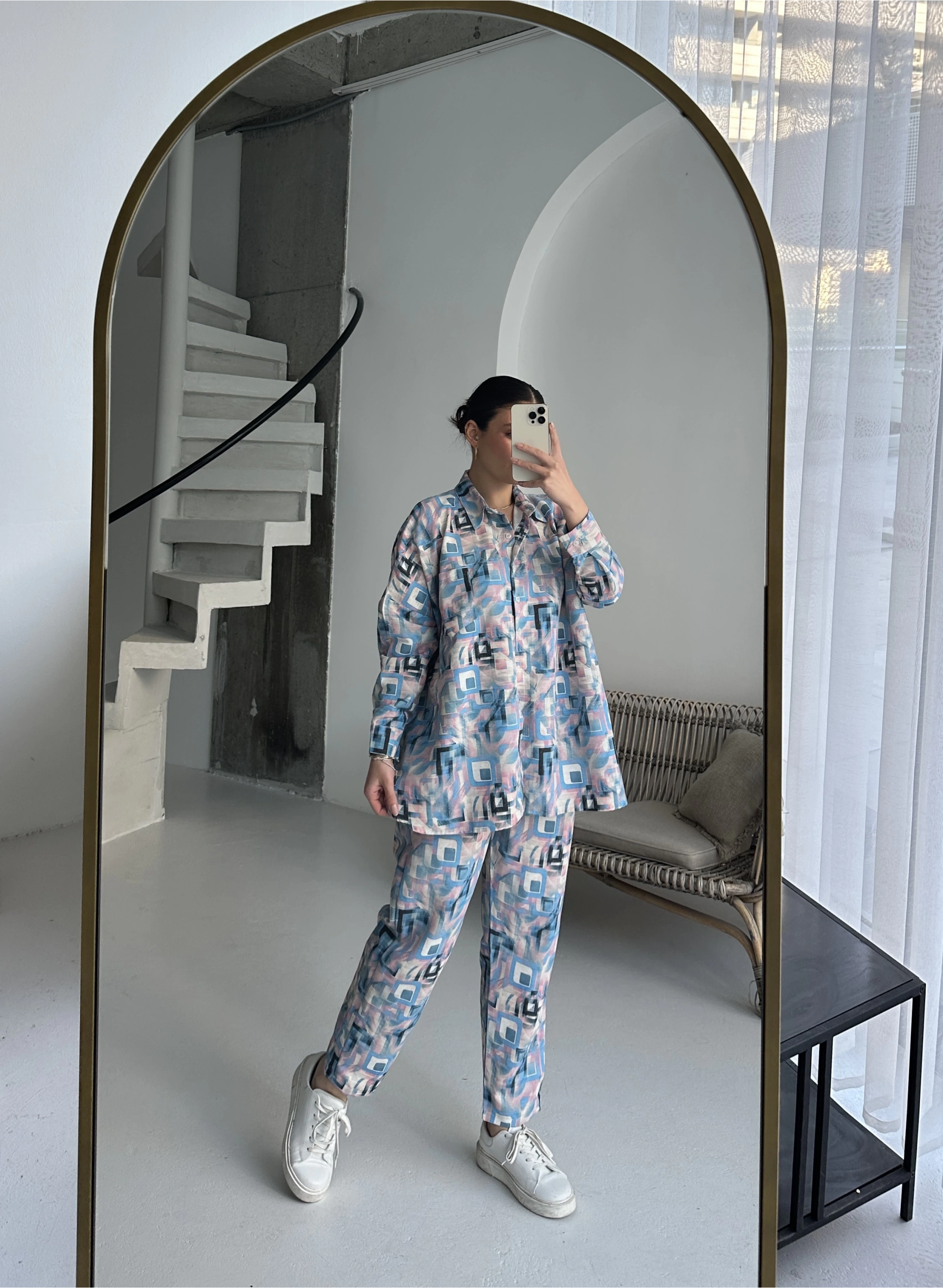 Pullaps Gömlekli Pantolonlu Cepli Ham Keten Takım Desenli Mavi