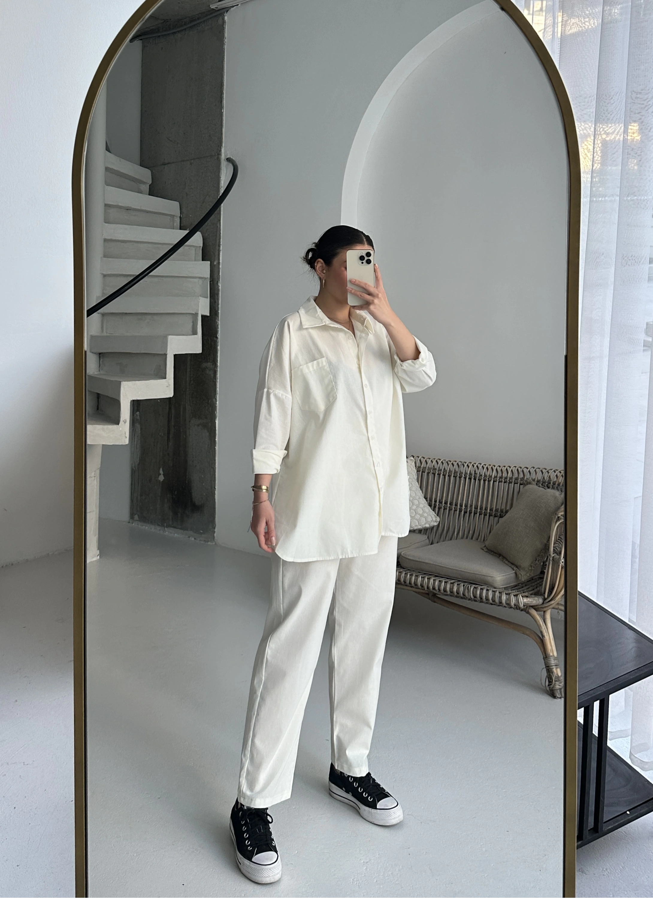 Pullaps Gömlekli Pantolonlu Cepli Ham Keten Takım Krem