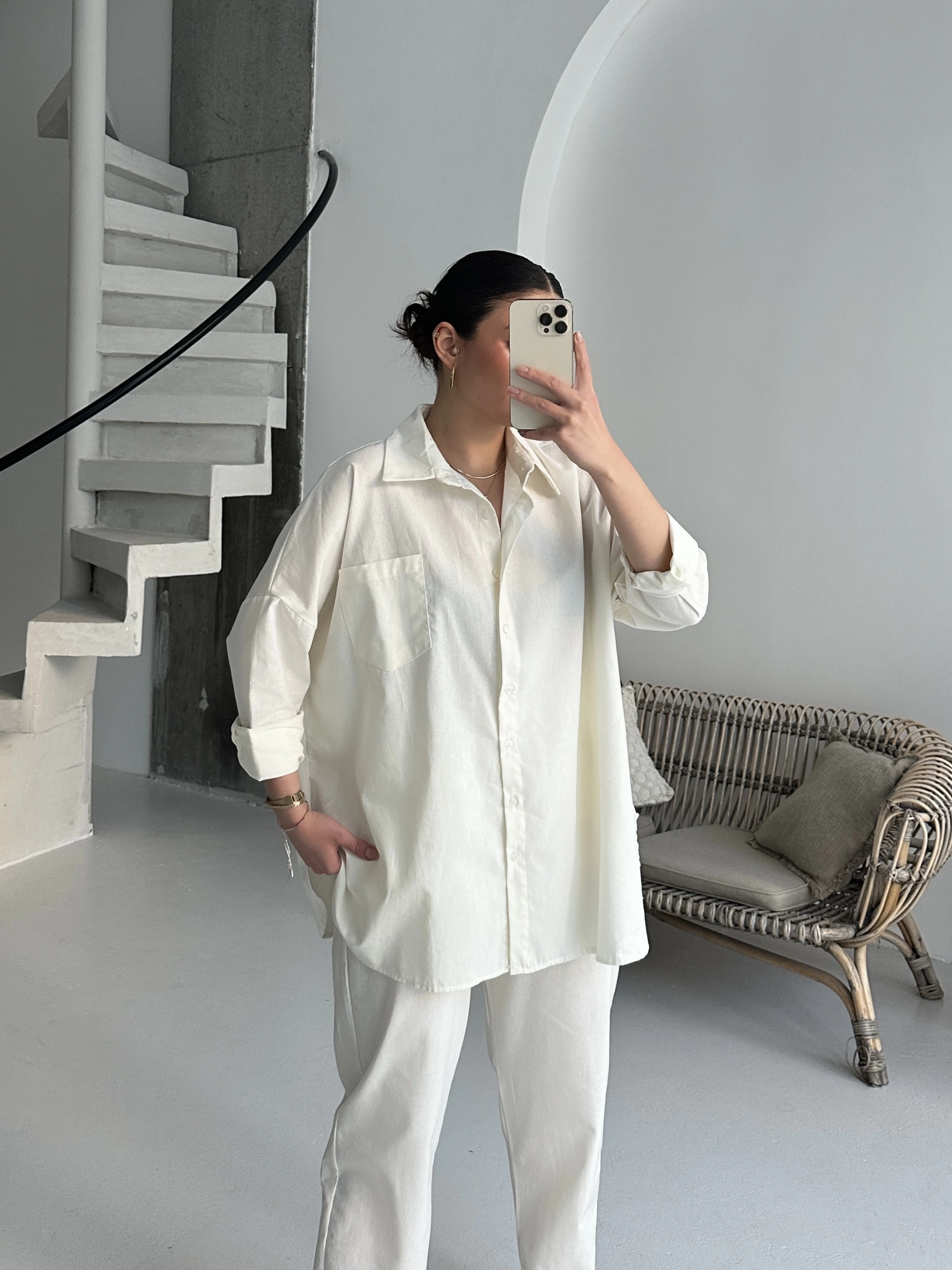 Pullaps Gömlekli Pantolonlu Cepli Ham Keten Takım Krem