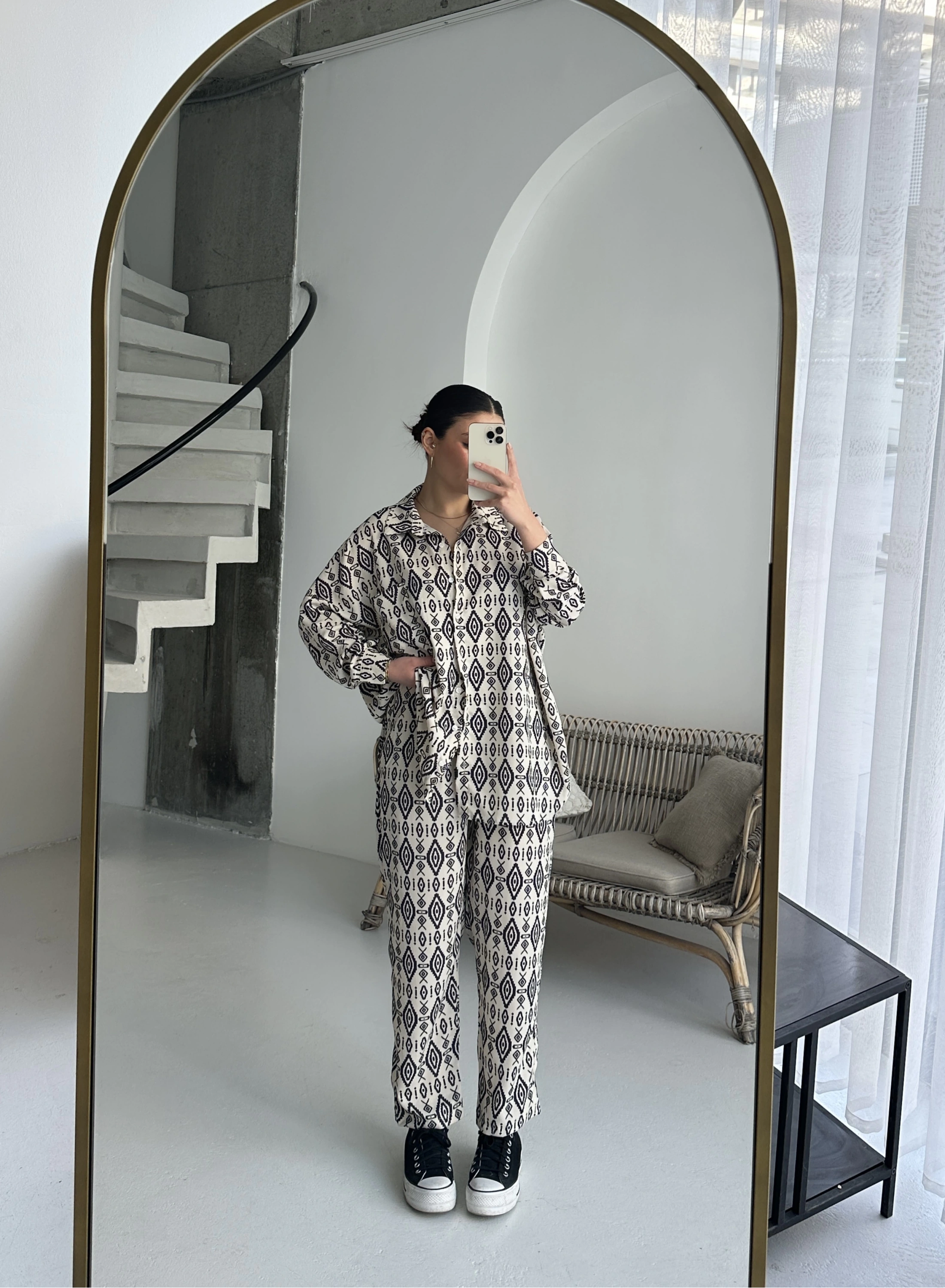 Pullaps Gömlekli Pantolonlu Cepli Krinkıl Likralı Kumaş Takım Desenli