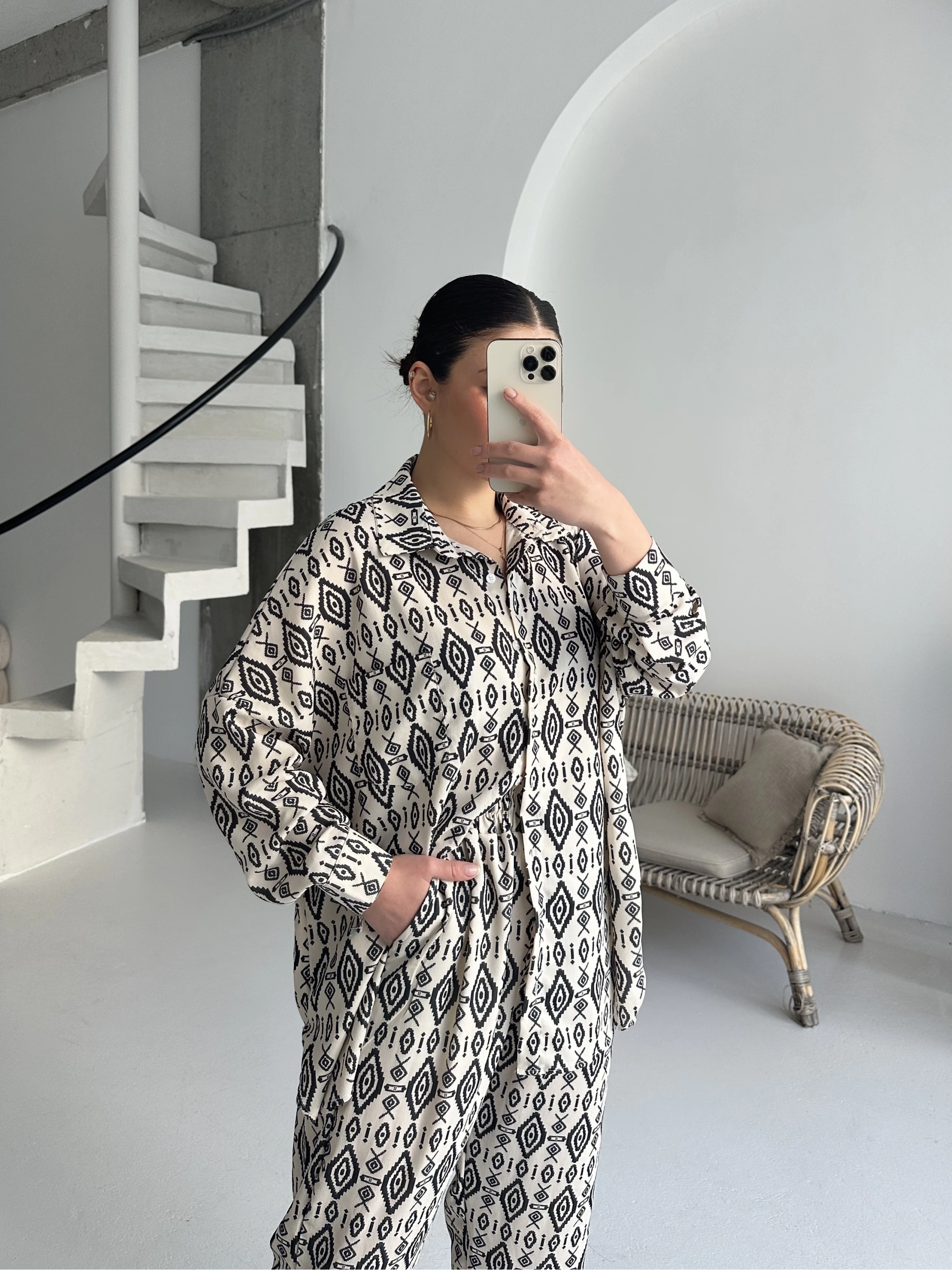 Pullaps Gömlekli Pantolonlu Cepli Krinkıl Likralı Kumaş Takım Desenli