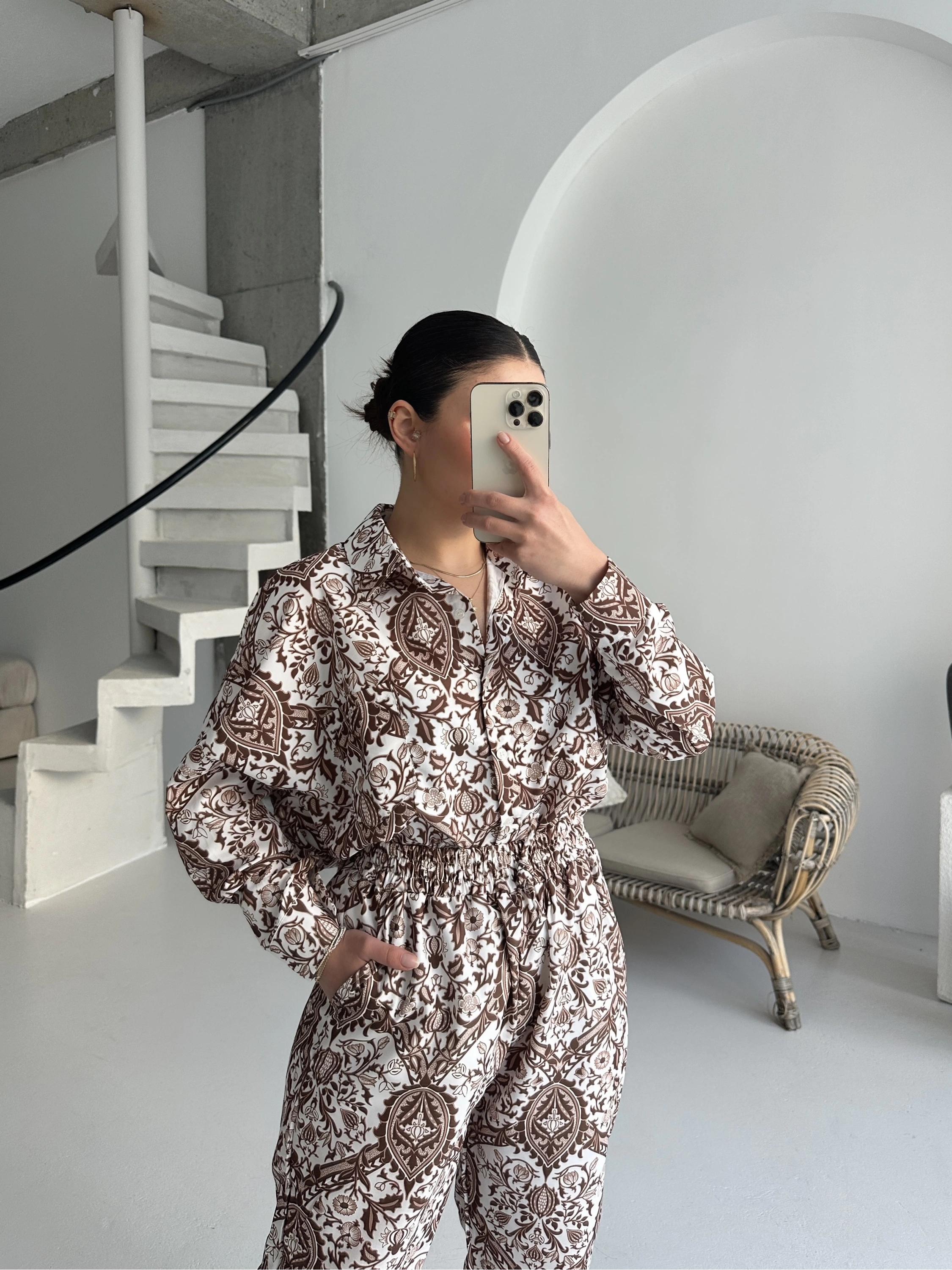 Pullaps Gömlekli Pantolonlu Cepli Poplin Kumaş Takım Desenli