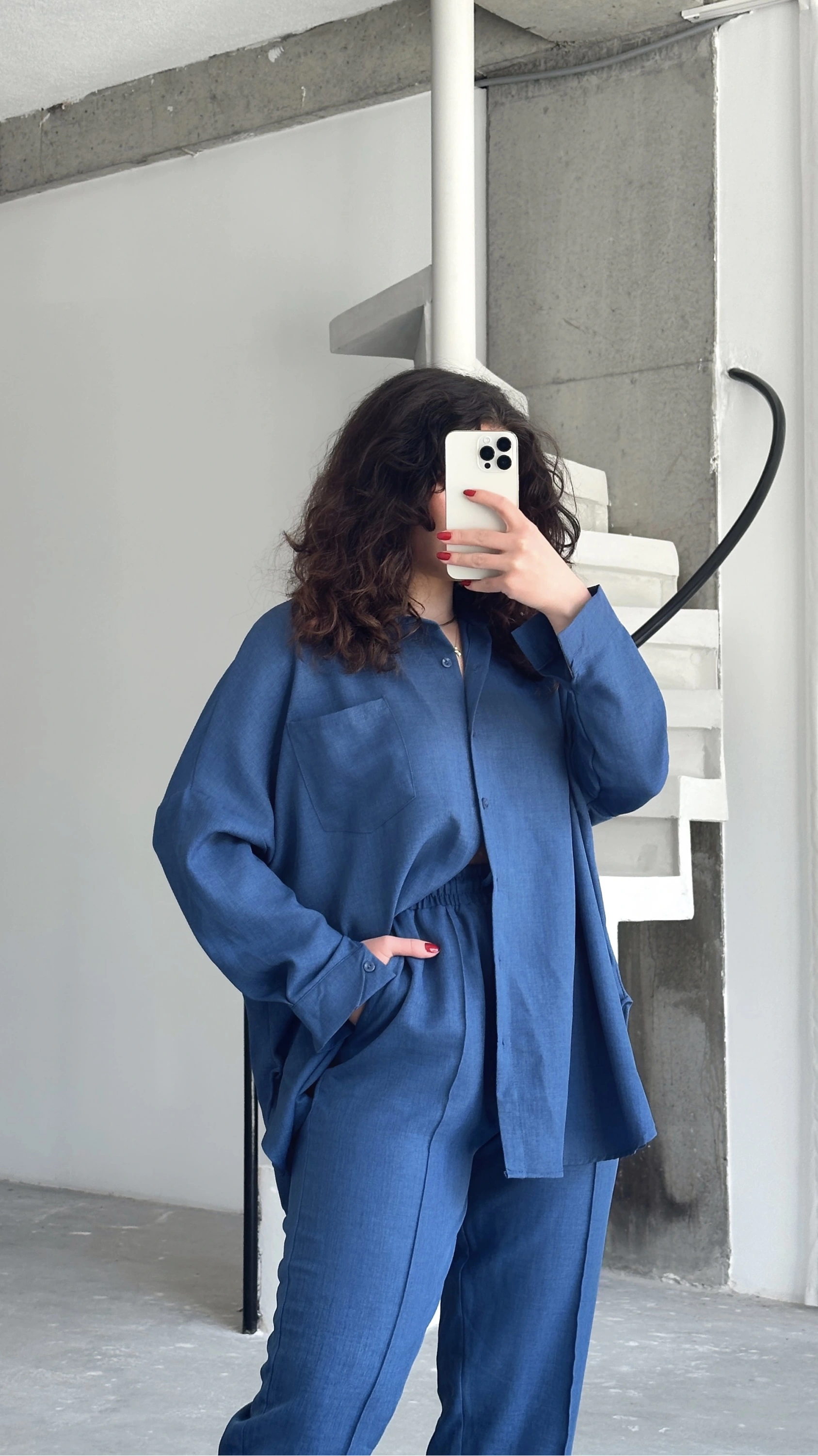 Pullaps Gömlekli Pantolonlu Keten Takım İndigo Mavi