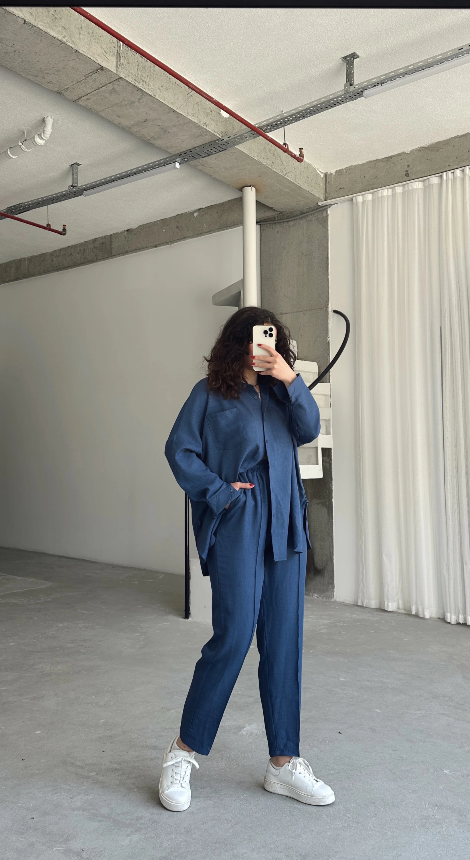 Pullaps Gömlekli Pantolonlu Keten Takım İndigo Mavi