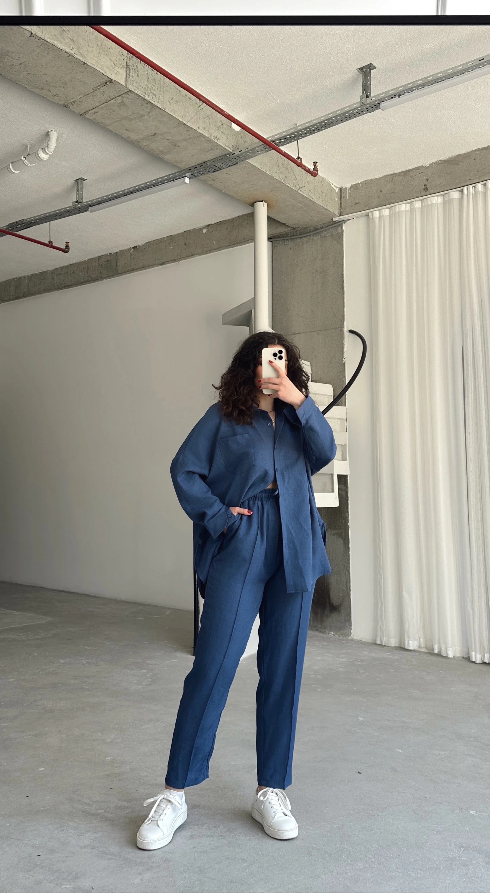 Pullaps Gömlekli Pantolonlu Keten Takım İndigo Mavi