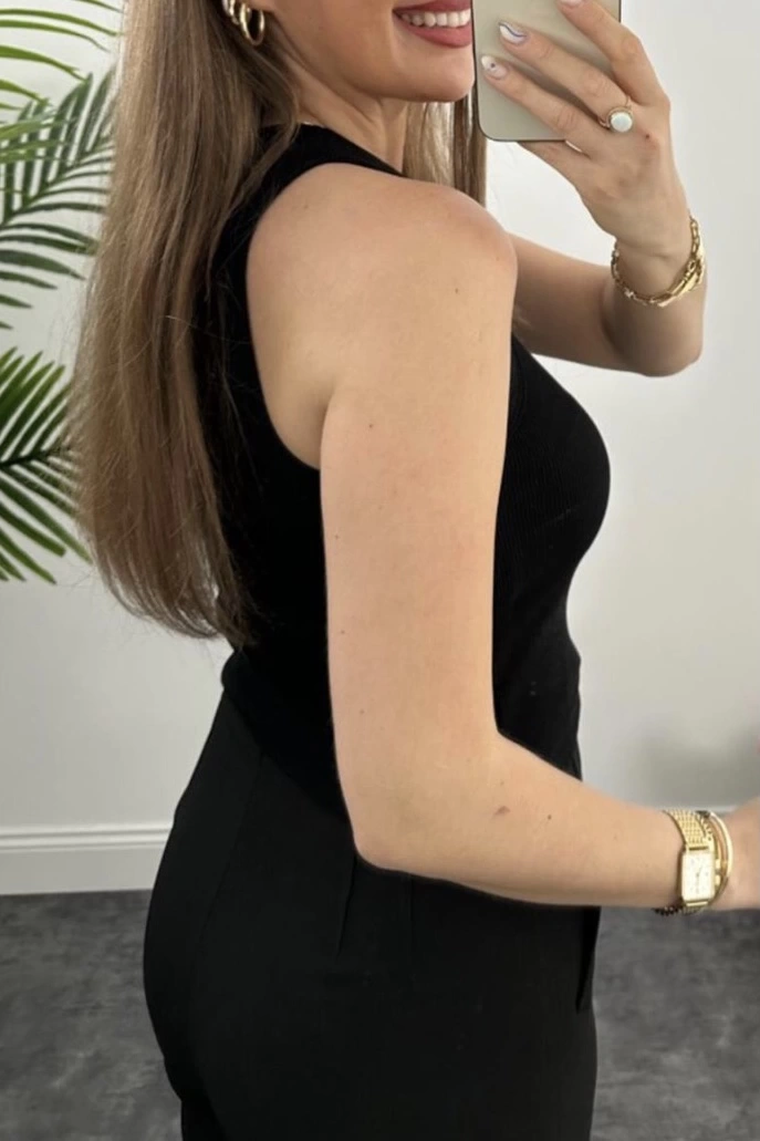 Pullaps Halter Yaka Fitilli Atlet Tam Boy Siyah