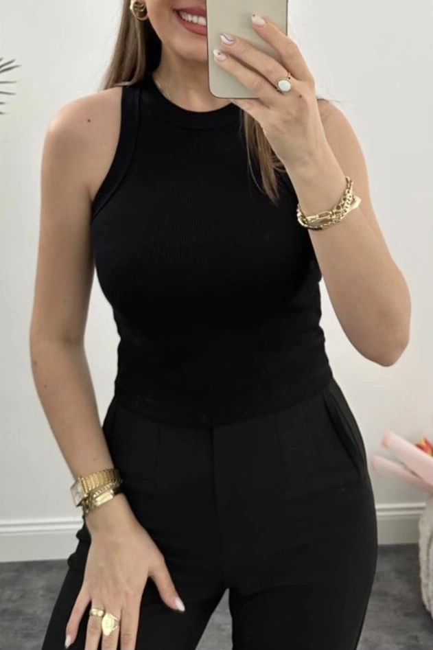 Pullaps Halter Yaka Fitilli Atlet Tam Boy Siyah