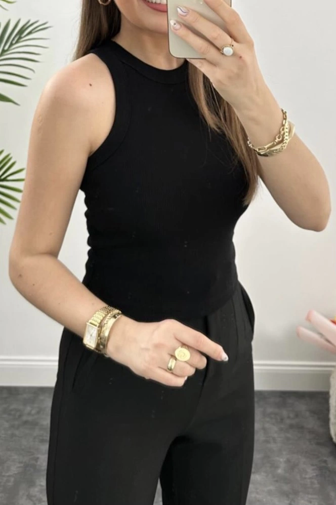 Pullaps Halter Yaka Fitilli Atlet Tam Boy Siyah