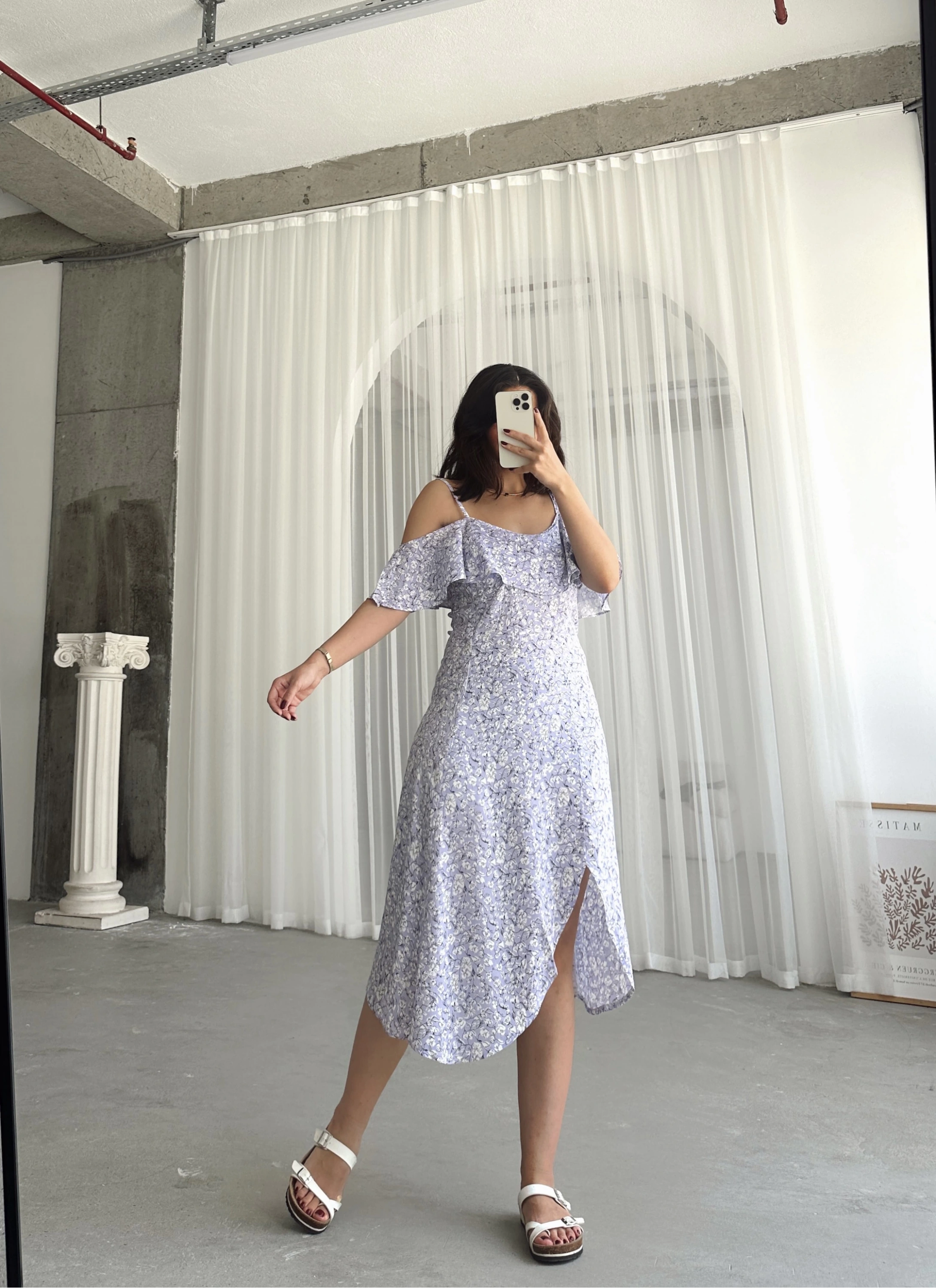 Pullaps İp Askılı Fırfırlı Volanlı Yandan Fermuarlı Elbise Lila