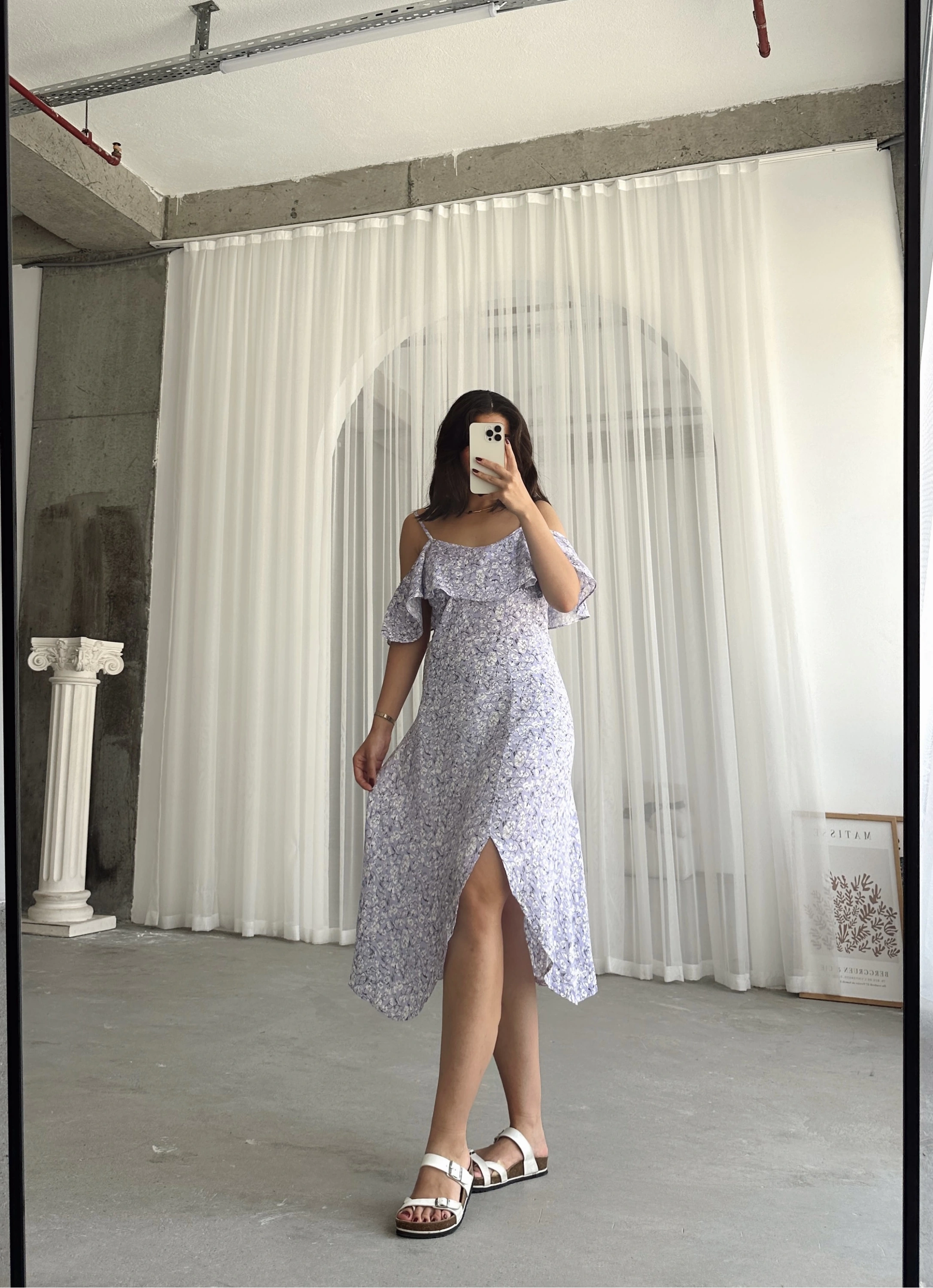 Pullaps İp Askılı Fırfırlı Volanlı Yandan Fermuarlı Elbise Lila