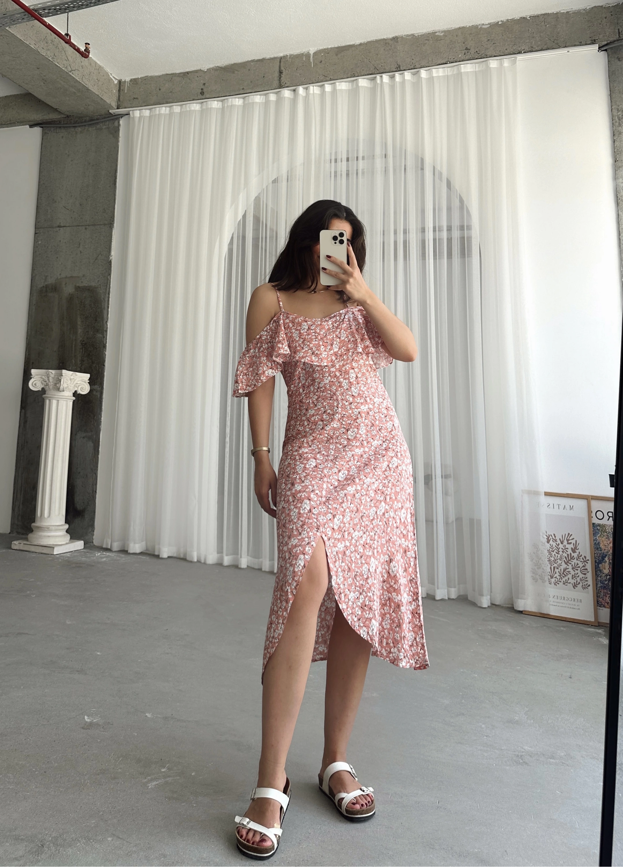 Pullaps İp Askılı Fırfırlı Volanlı Yandan Fermuarlı Elbise Somon