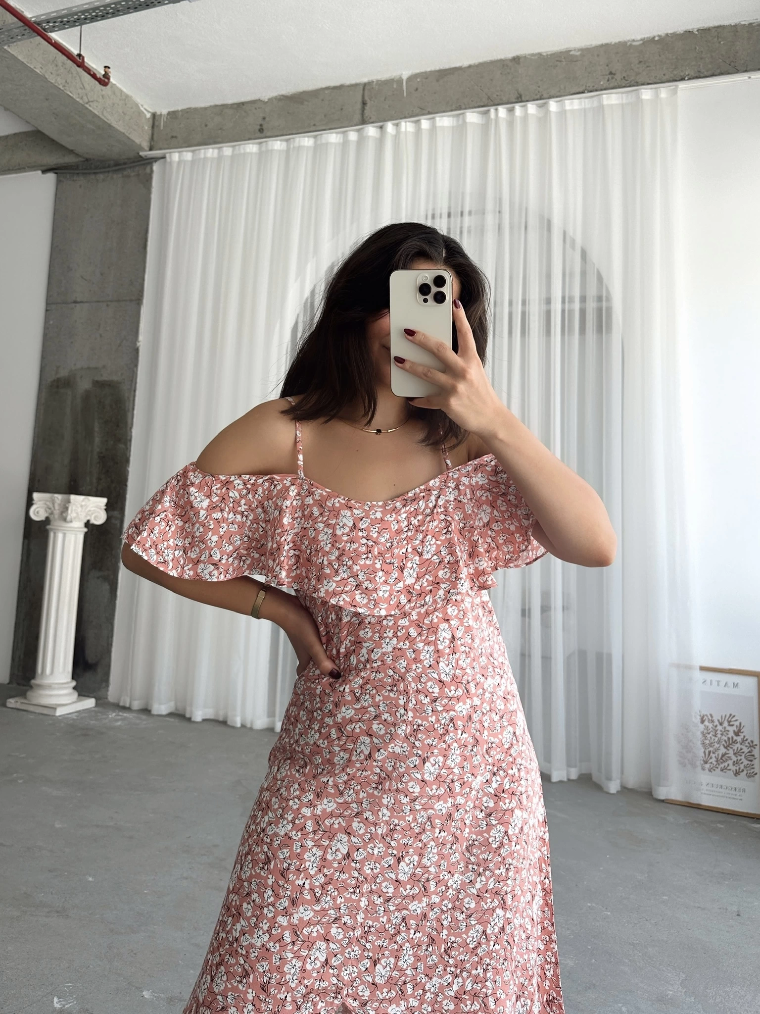 Pullaps İp Askılı Fırfırlı Volanlı Yandan Fermuarlı Elbise Somon