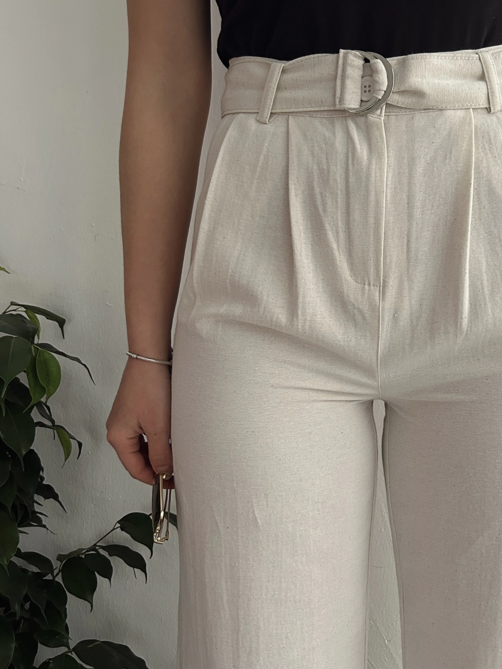 Pullaps Kadın Yüksek Bel Palazzo Keten Pantolon