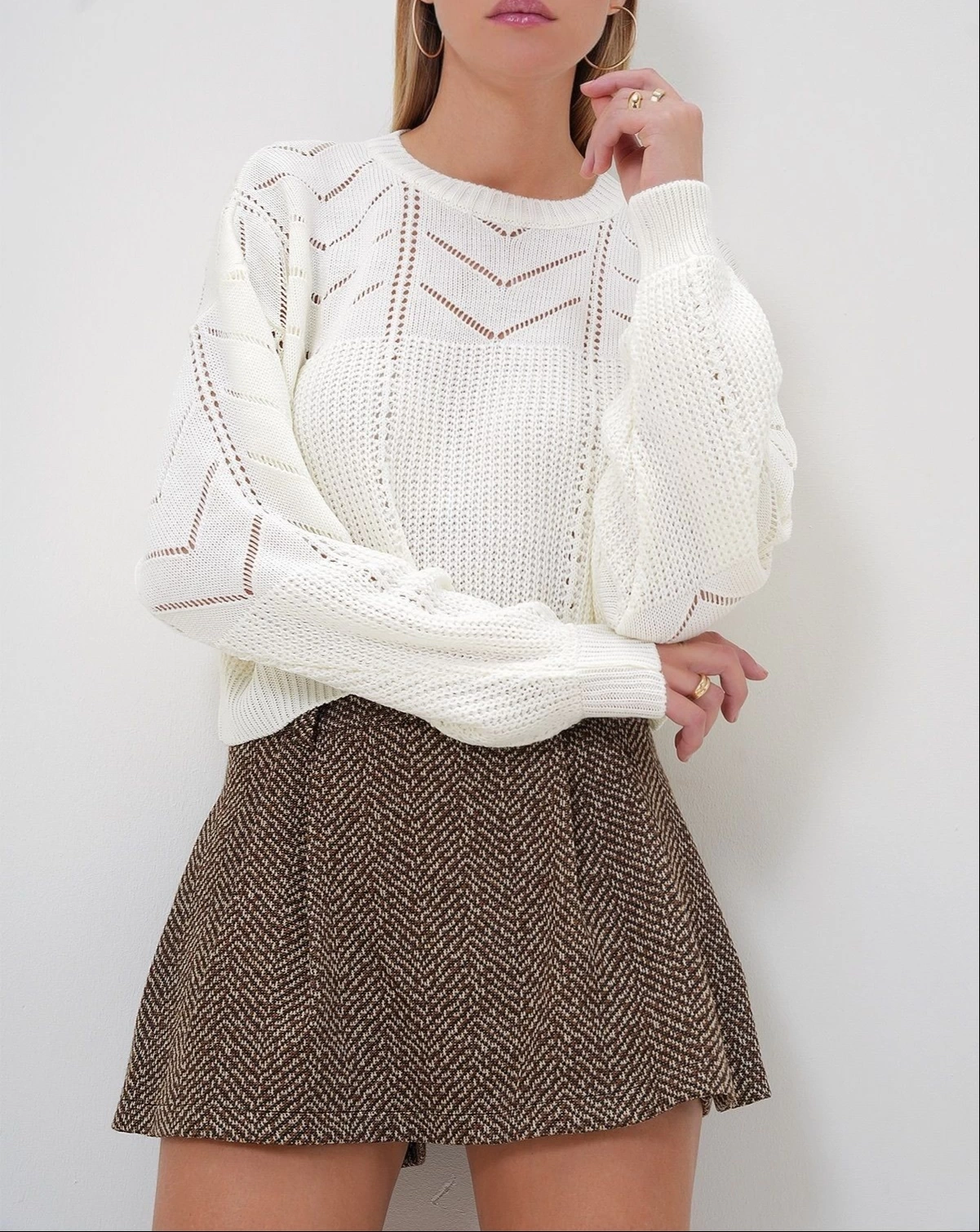 Pullaps Bisiklet Yaka Yarasa Kol Ajurlu Triko Kazak Ekru