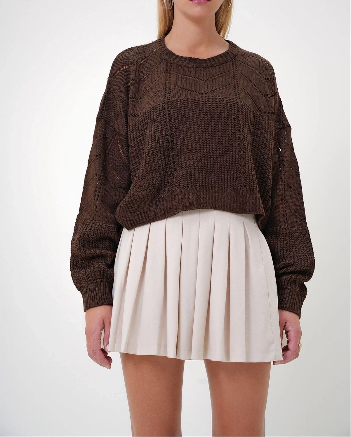 Pullaps Kahverengi Bisiklet Yaka Yarasa Kol Ajurlu Triko Kazak Kahve