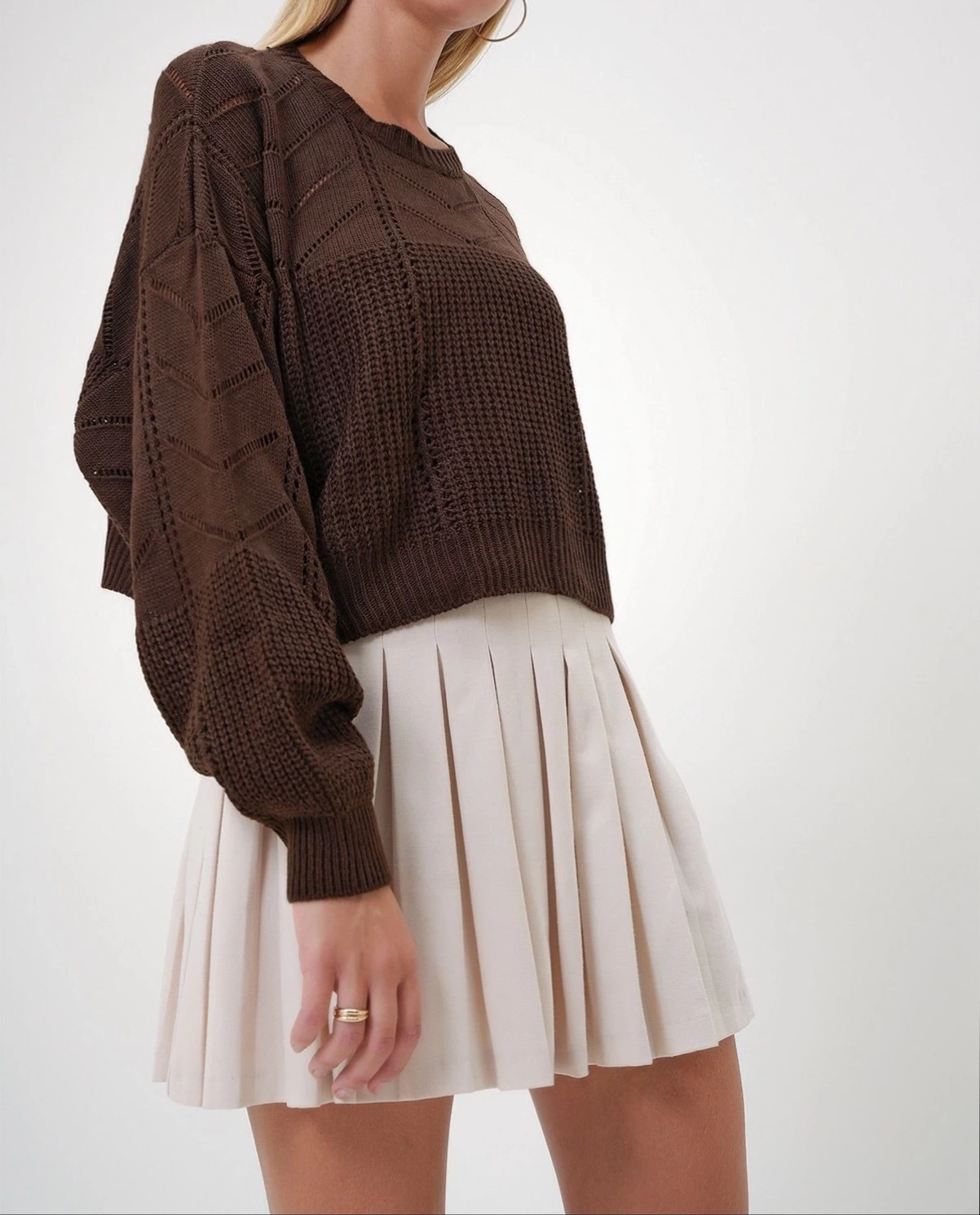 Pullaps Kahverengi Bisiklet Yaka Yarasa Kol Ajurlu Triko Kazak Kahve