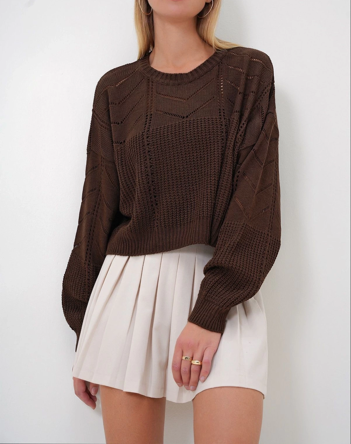 Pullaps Kahverengi Bisiklet Yaka Yarasa Kol Ajurlu Triko Kazak Kahve