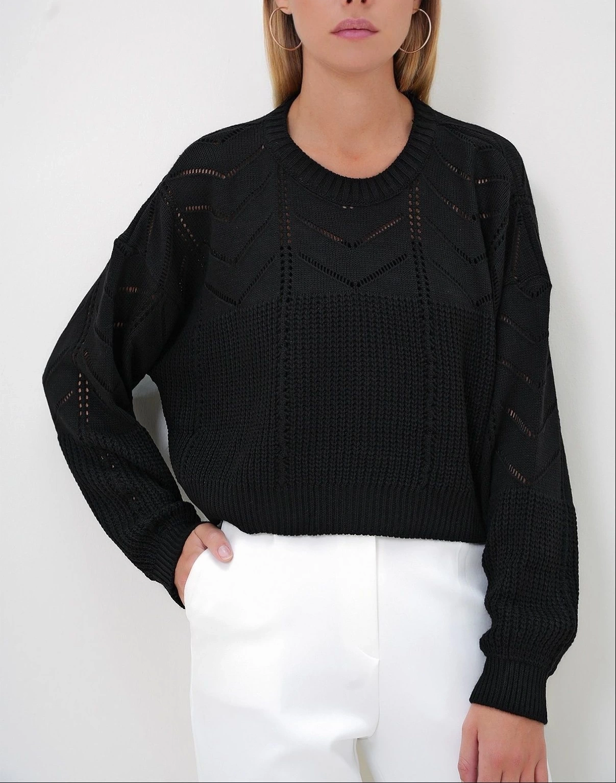 Pullaps Bisiklet Yaka Yarasa Kol Ajurlu Triko Kazak Siyah