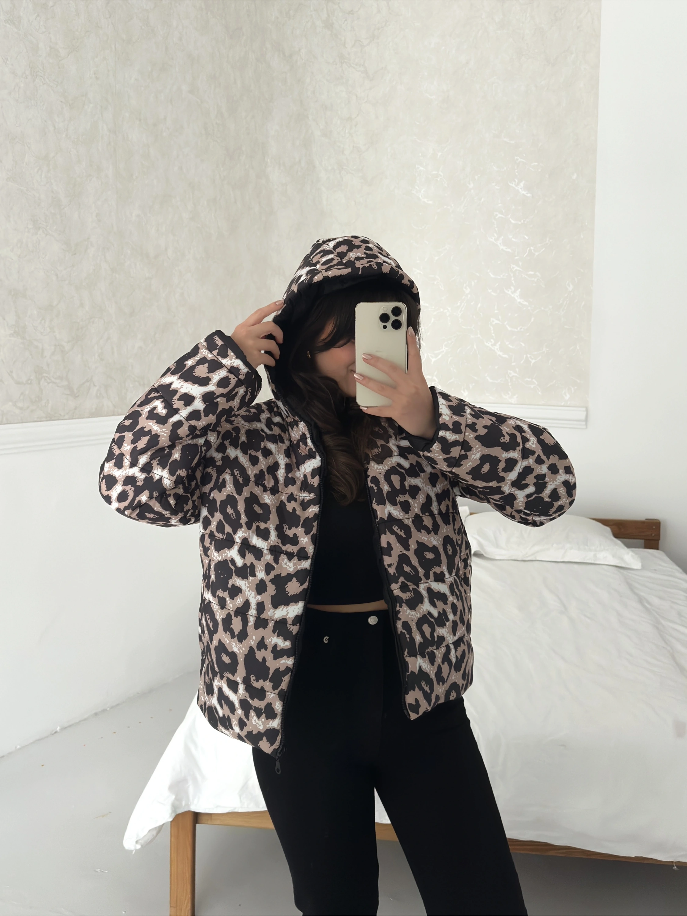 Pullaps Kapşonlu Fermuarlı Cepli Şişme Mont Leopar