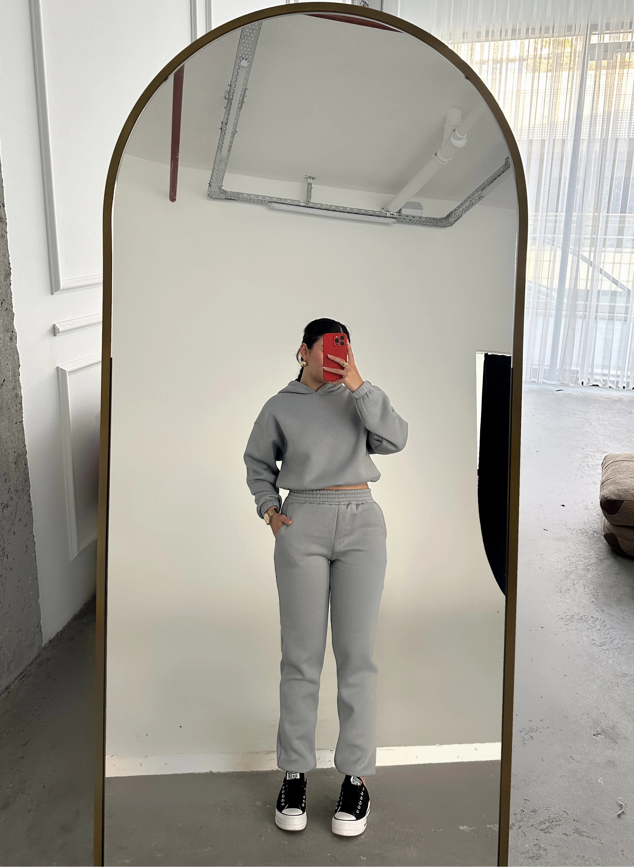 Pullaps Kapşonlu Üç İplik Şardonlu Hoodie Takım Gri