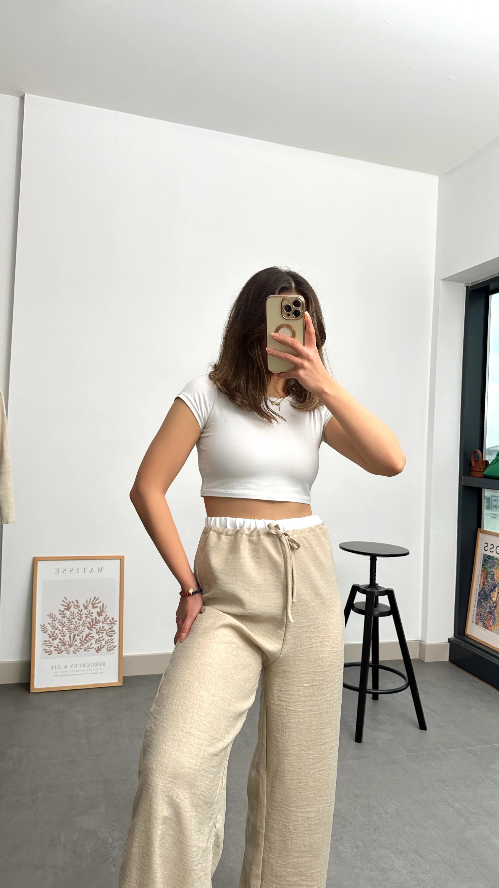 Pullaps Keten Ayrobin Palazzo Pantolon Vizon