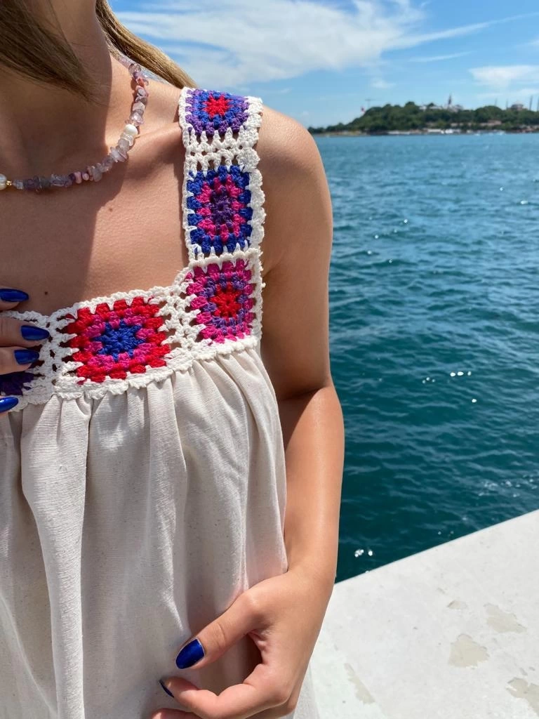 Pullaps Keten İçi Astarlı Omuzu Dantel Nakışlı Elbise