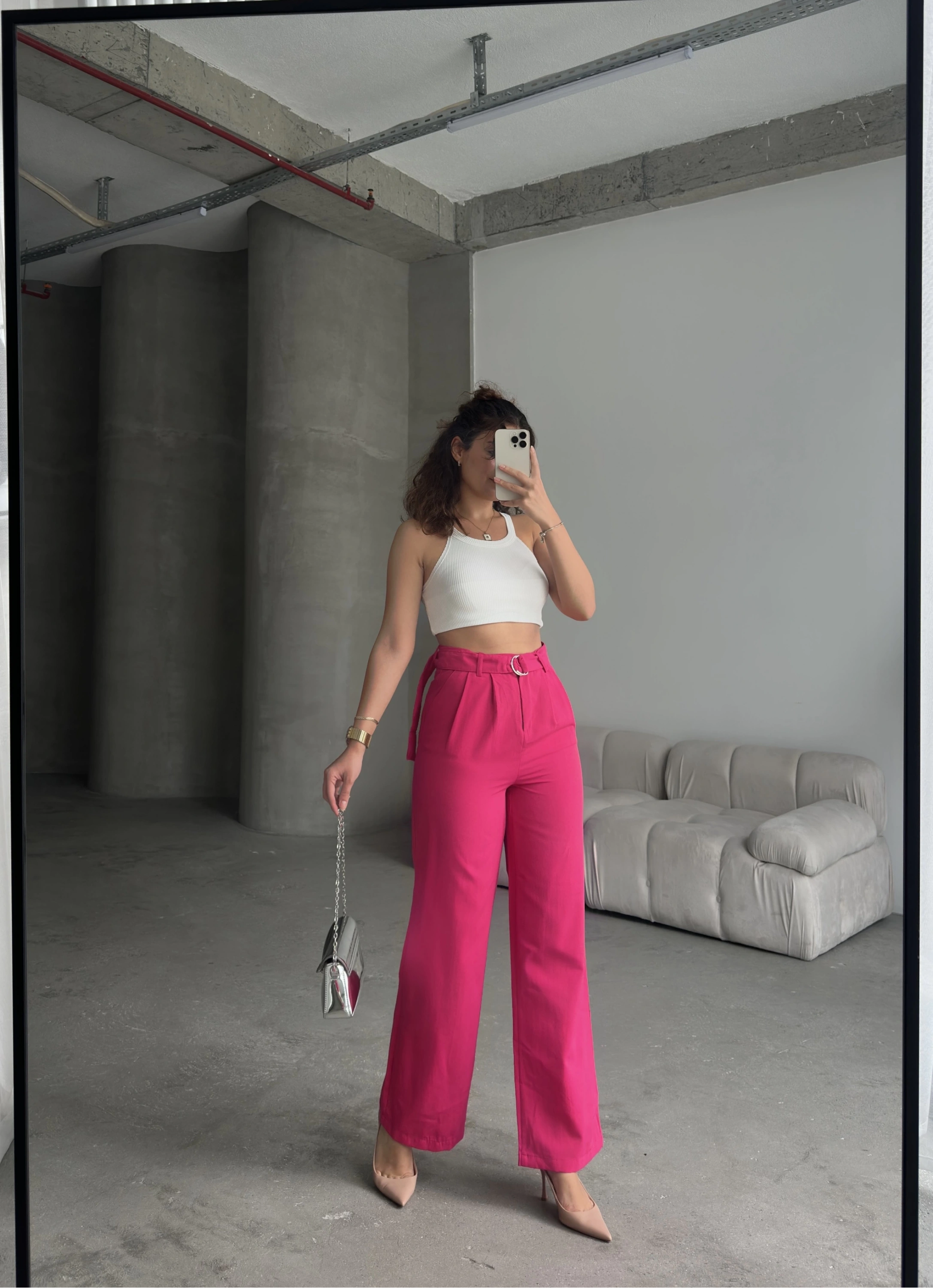 Pullaps Keten Palazzo Pantolon Fuşya