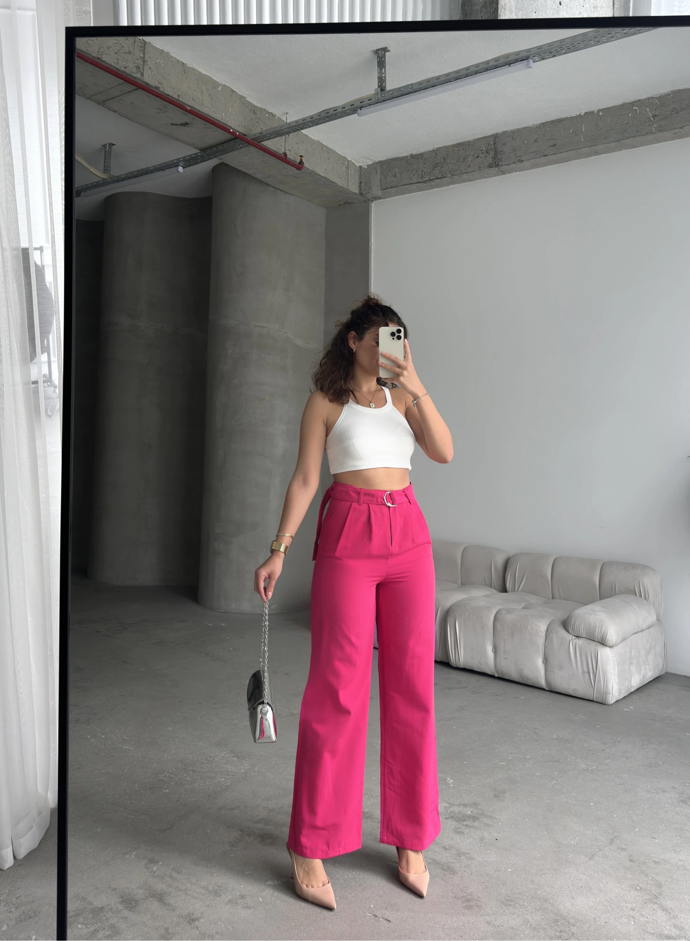 Pullaps Keten Palazzo Pantolon Fuşya