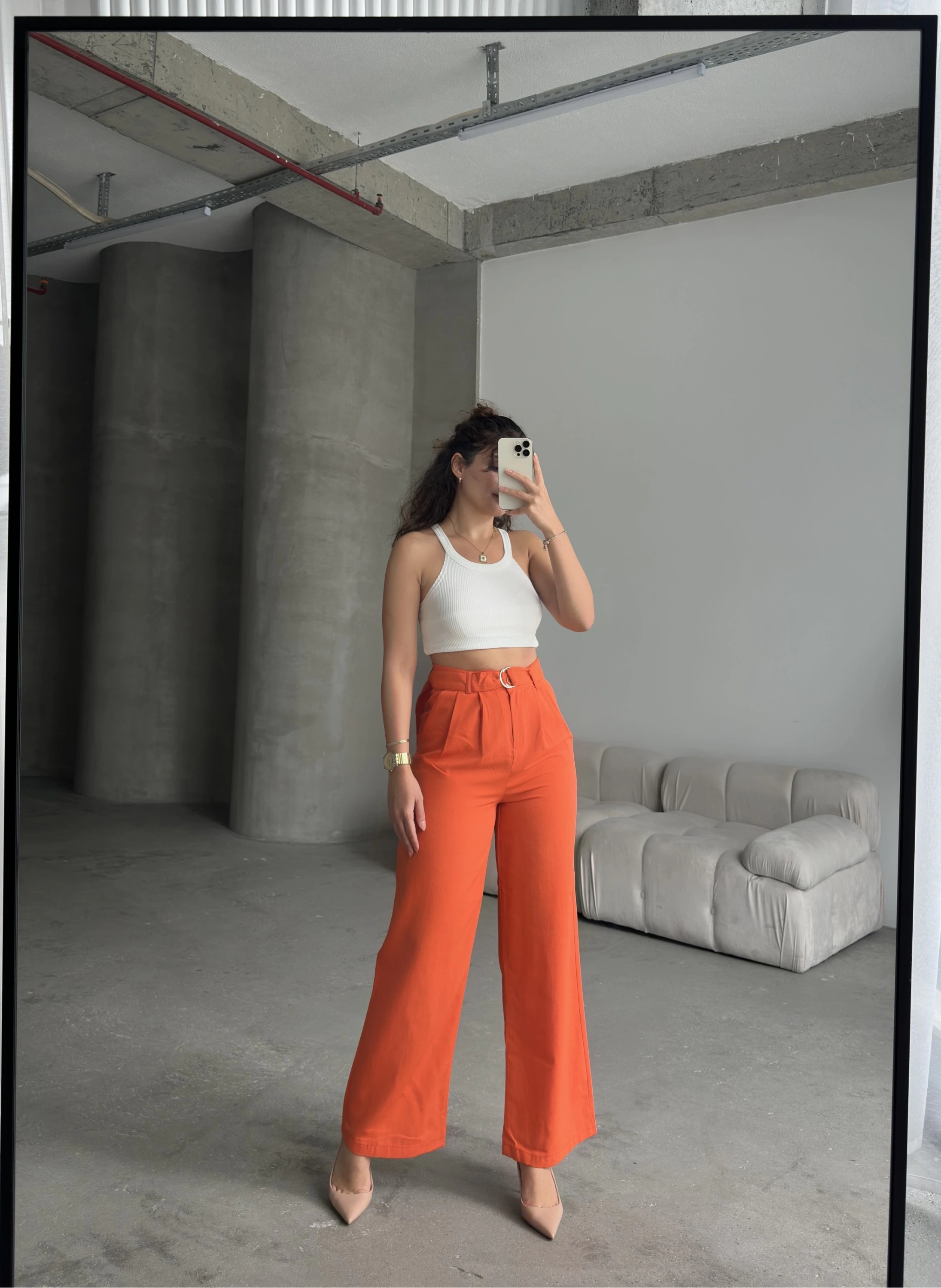 Pullaps Keten Palazzo Pantolon Oranj