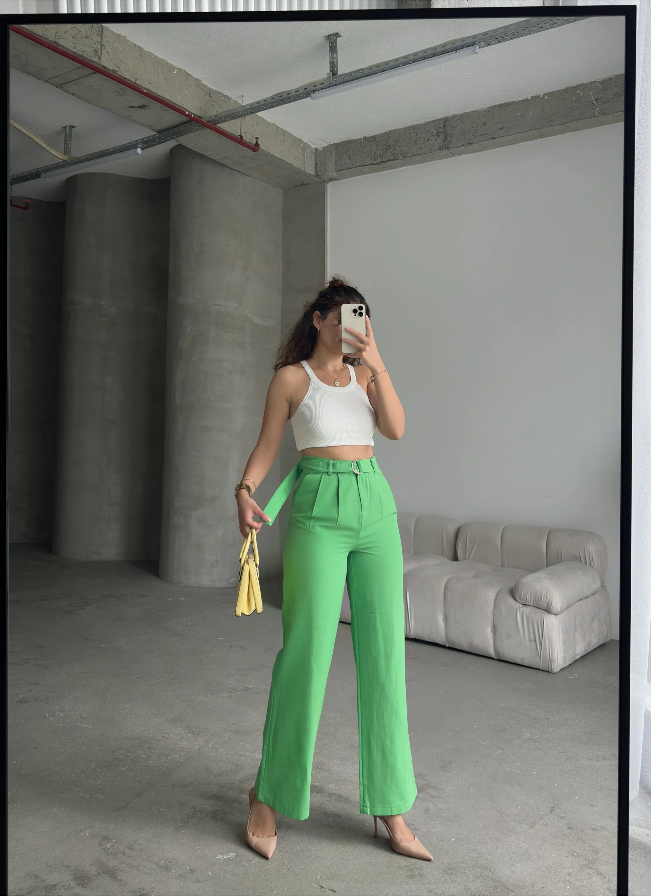 Pullaps Keten Palazzo Pantolon Yeşil