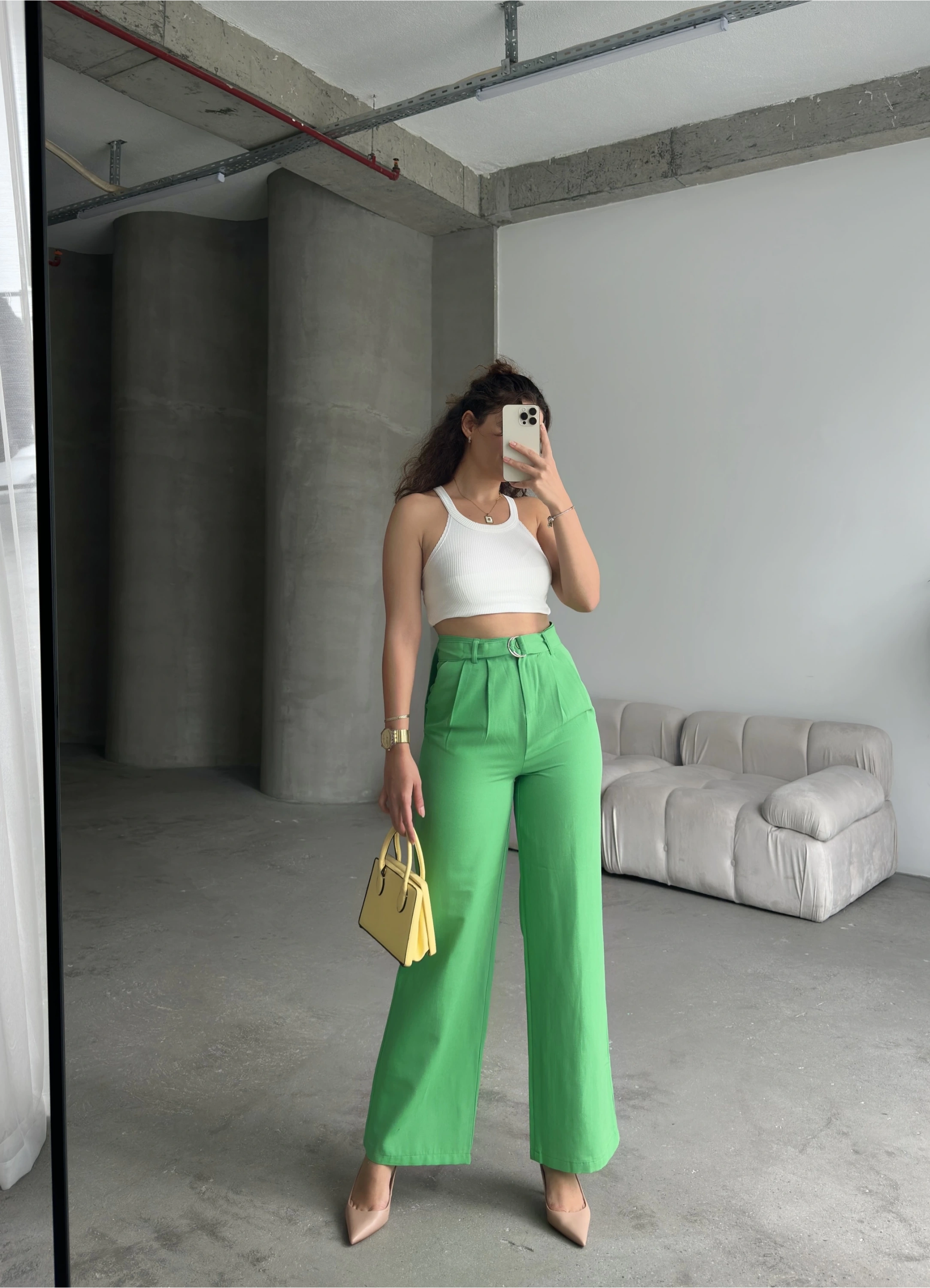 Pullaps Keten Palazzo Pantolon Yeşil