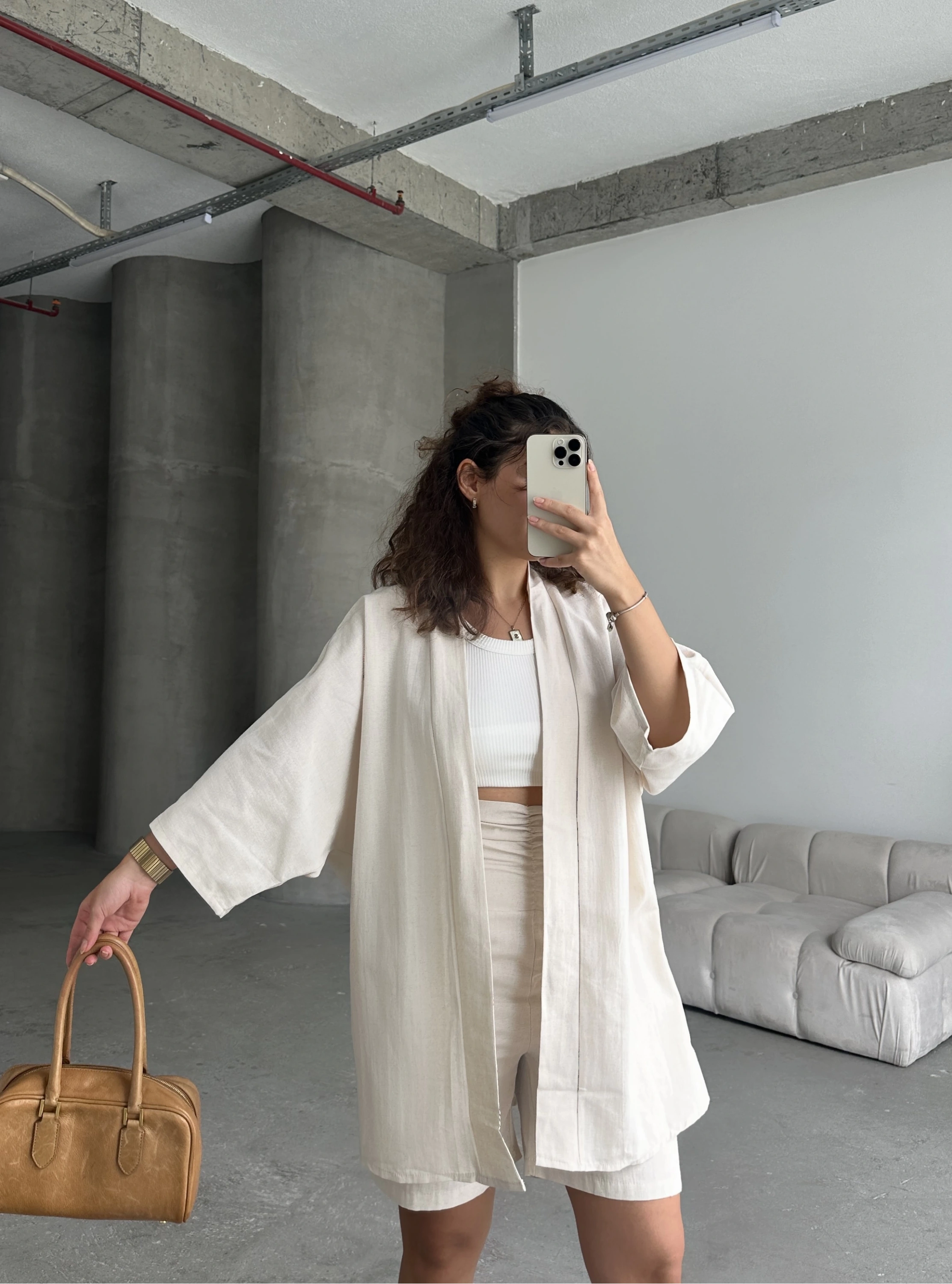 Pullaps Kimono Yüksek Bel Şort Takım Vizon